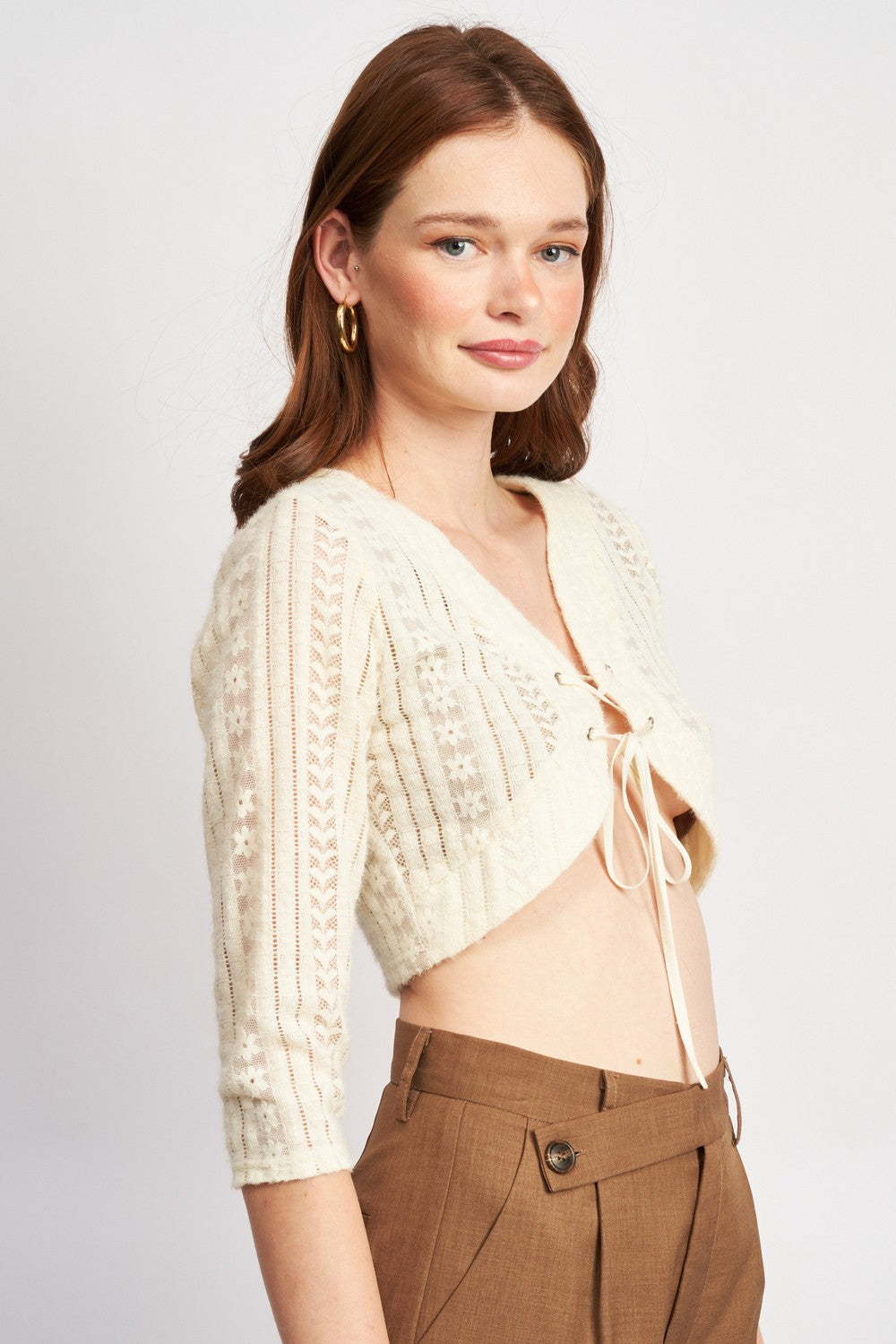 Lace Knit Crop Sweater with Eyelet Detail Clothing Emory Park   