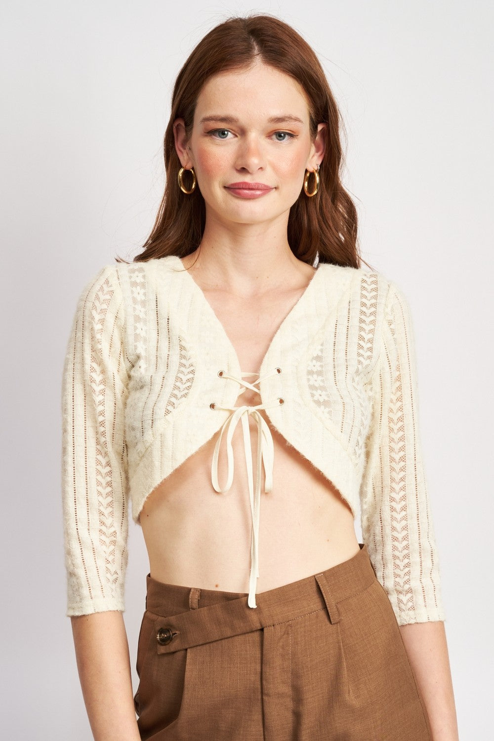 Lace Knit Crop Sweater with Eyelet Detail Clothing Emory Park   