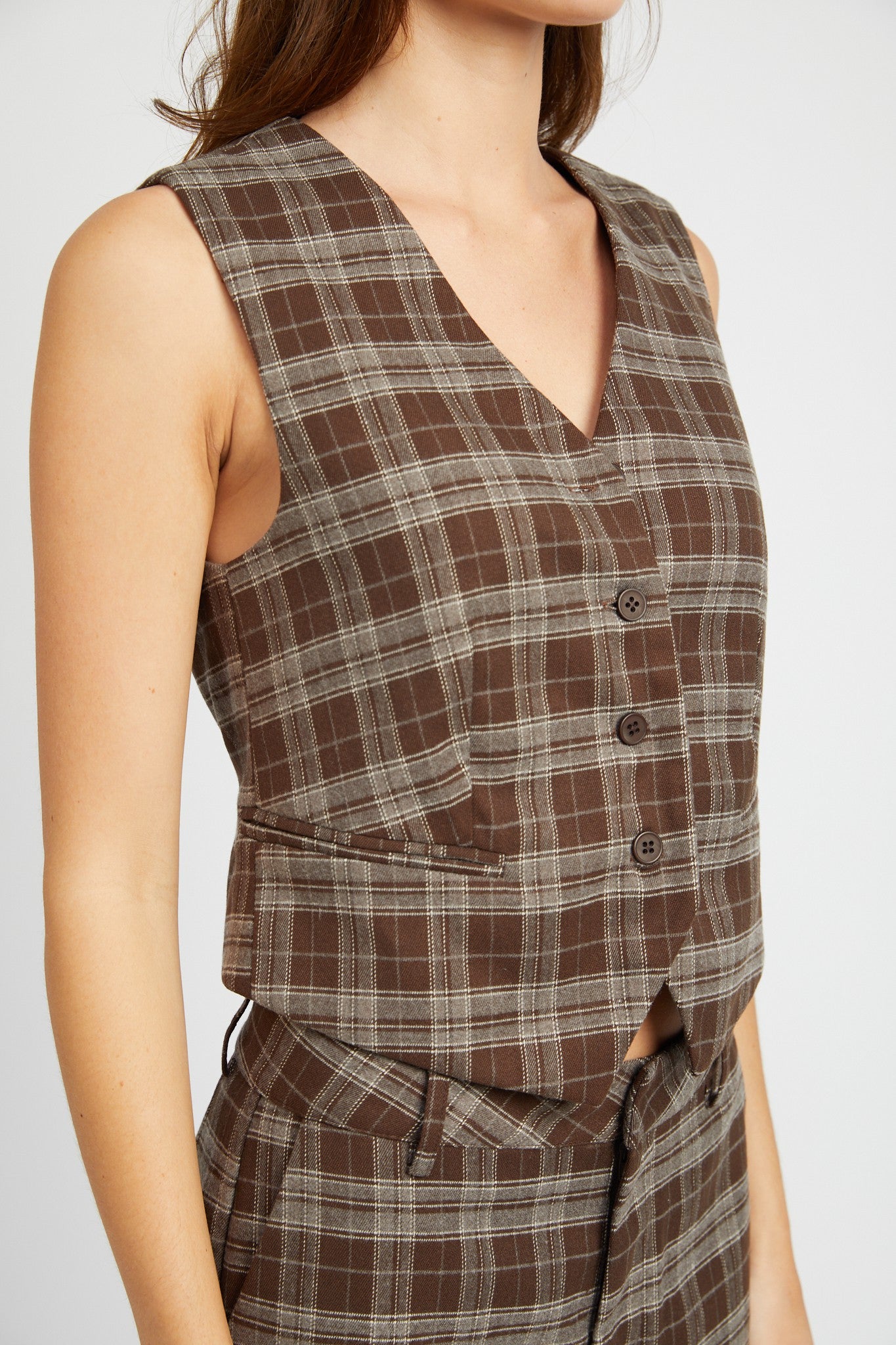 Brown Plaid Button Up Vest Clothing Emory Park DARK BROWN S 