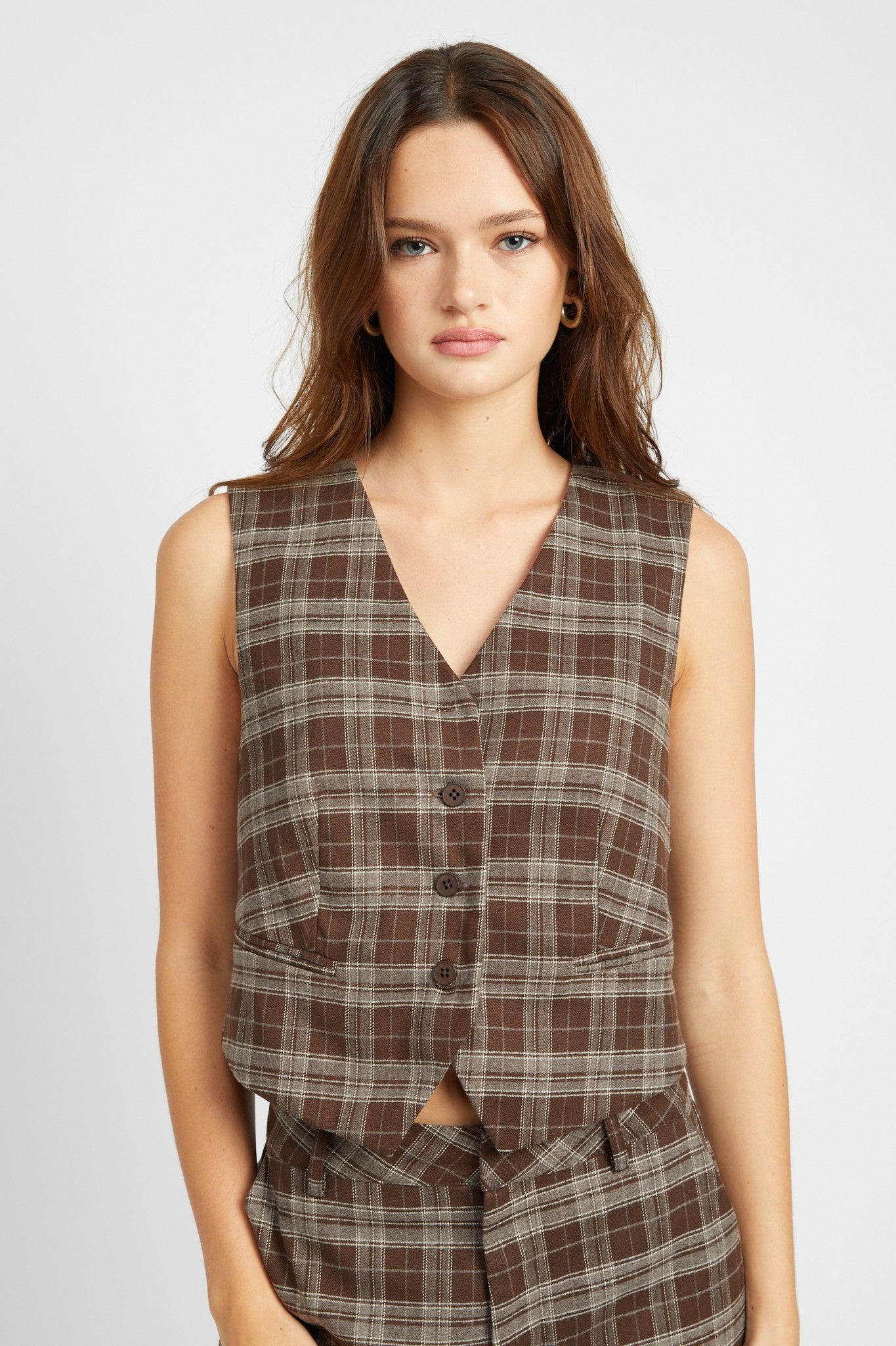 Brown Plaid Button Up Vest Clothing Emory Park   