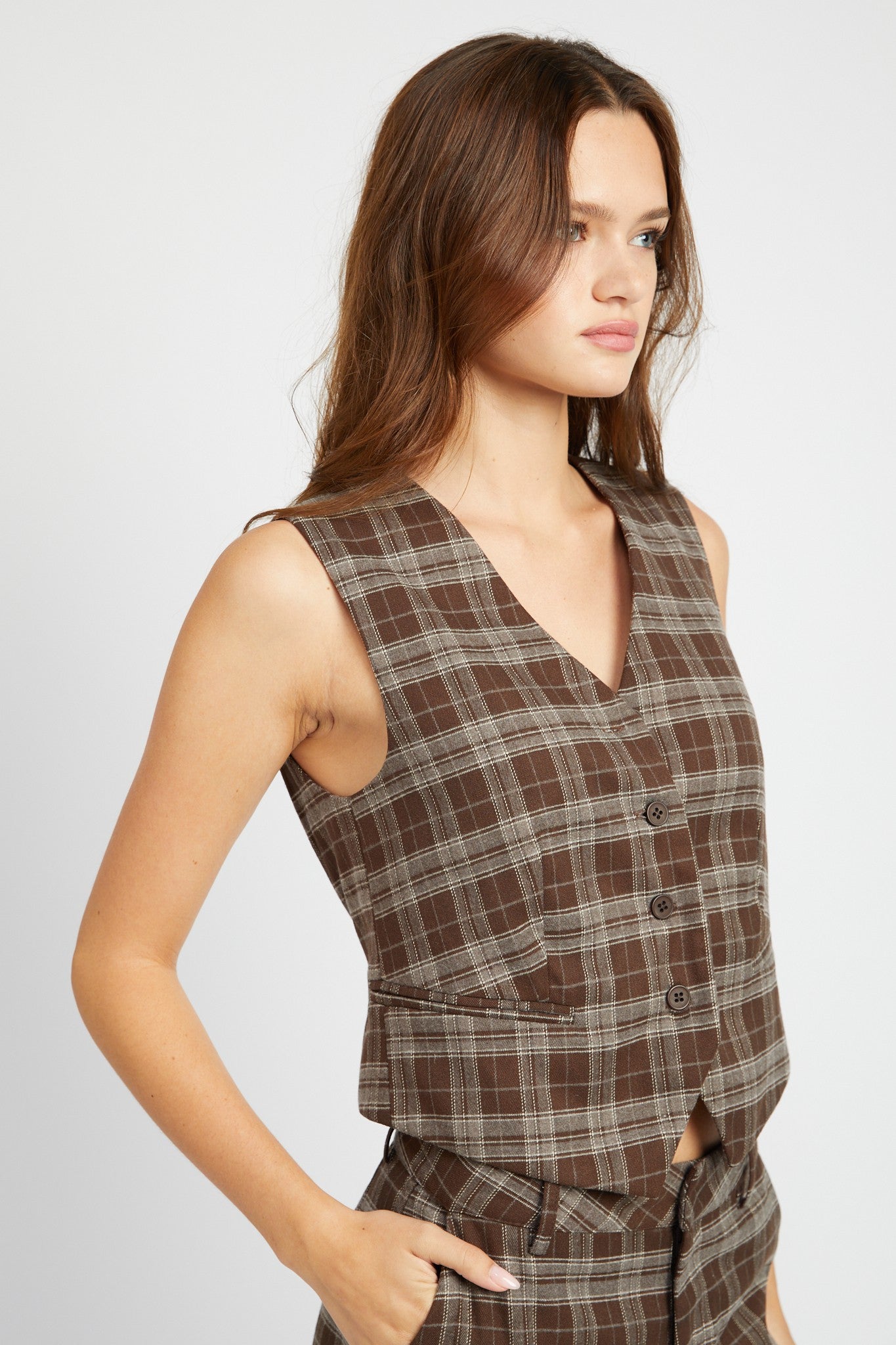 Brown Plaid Button Up Vest Clothing Emory Park   