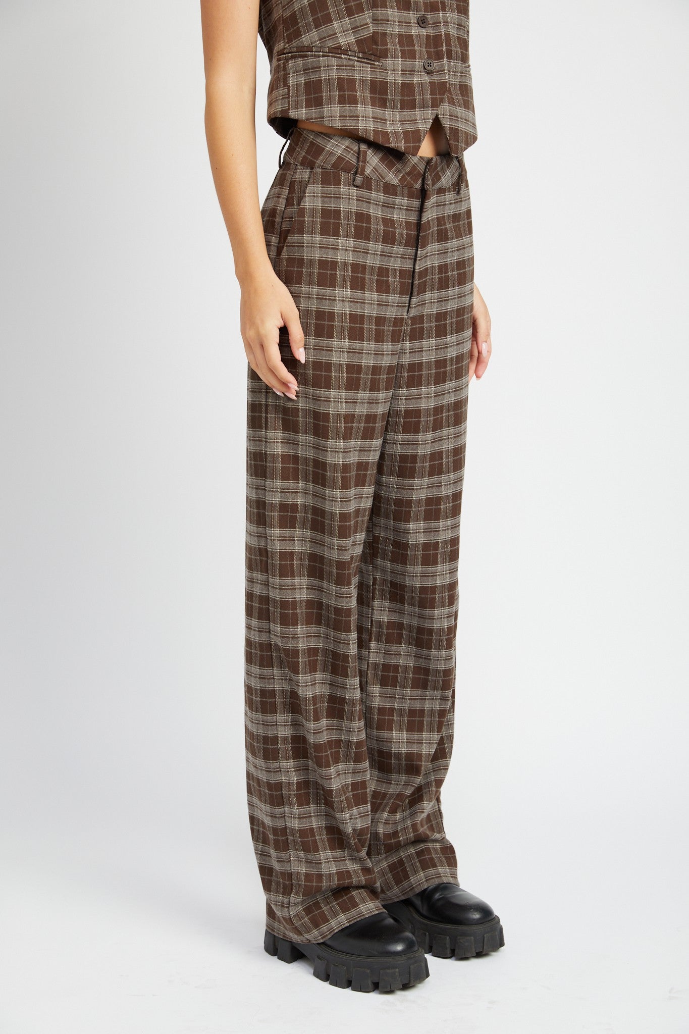 Brown Plaid High Waist Pants Clothing Emory Park DARK BROWN S 