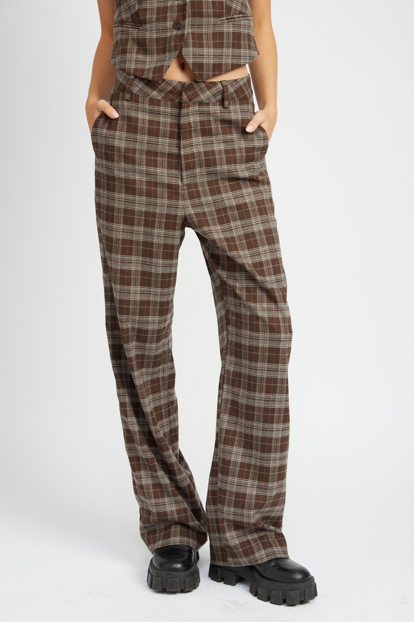 Brown Plaid High Waist Pants Clothing Emory Park   