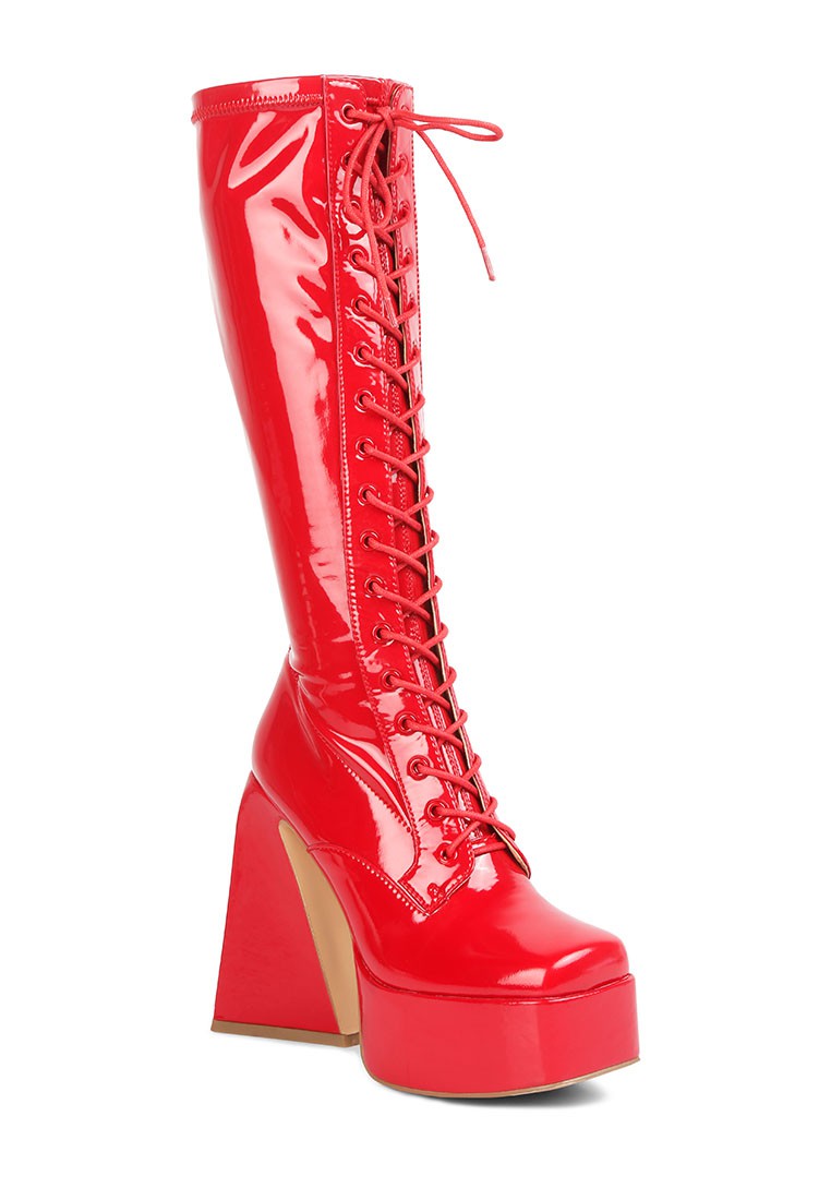 Patent Leather High Platform Calf Boots Boots Rag Company Red 5 