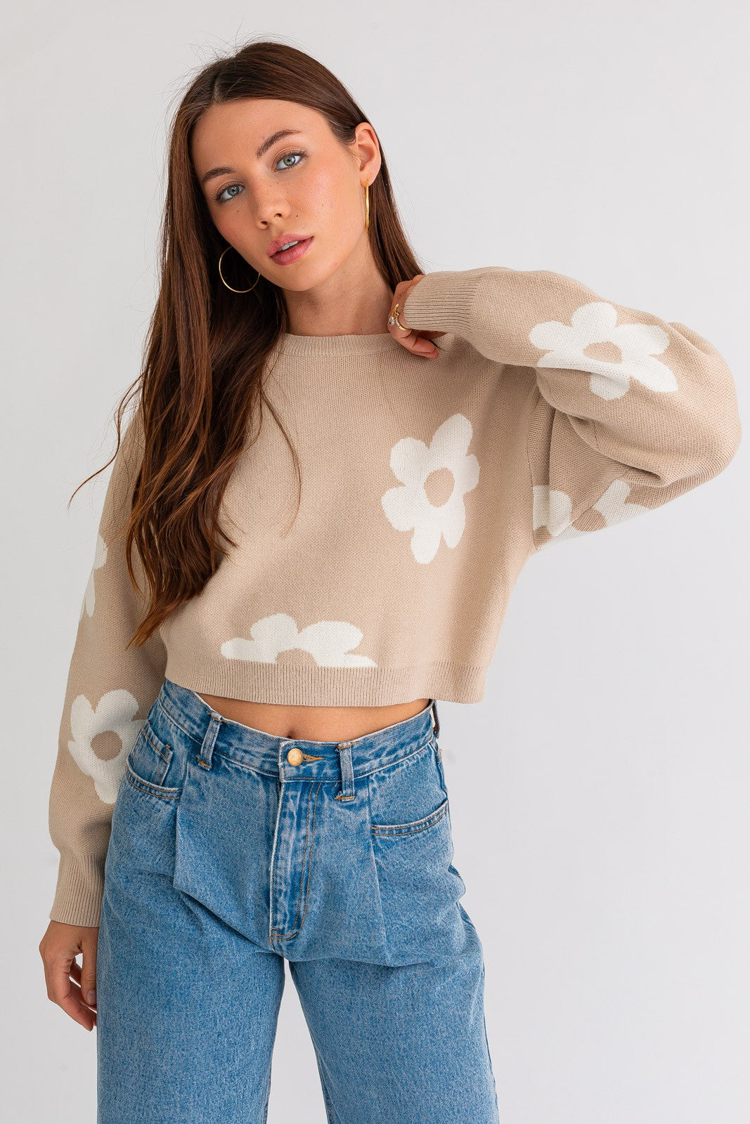 Long Sleeve Crop Sweater with Daisy Pattern Clothing LE LIS   