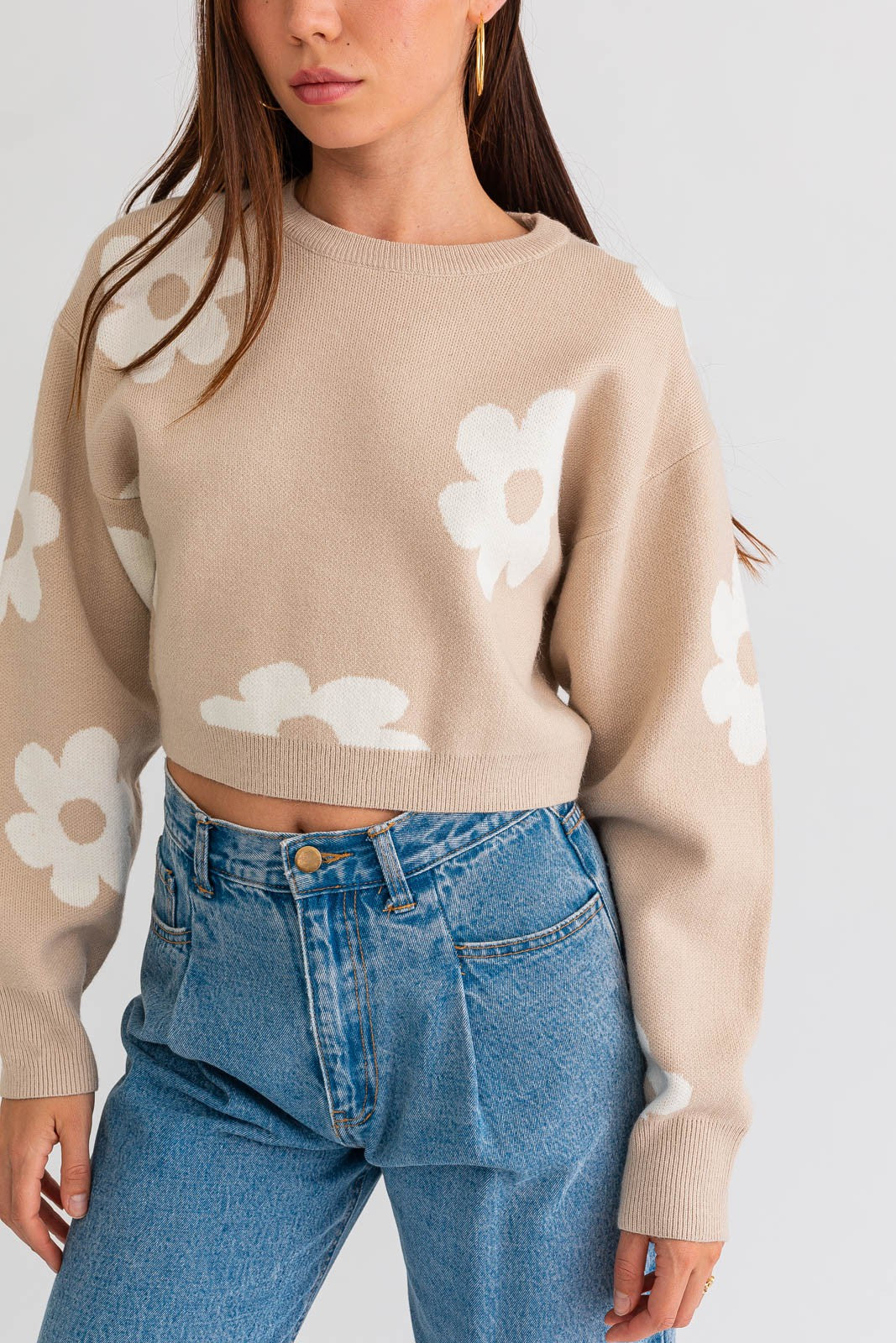 Long Sleeve Crop Sweater with Daisy Pattern Clothing LE LIS