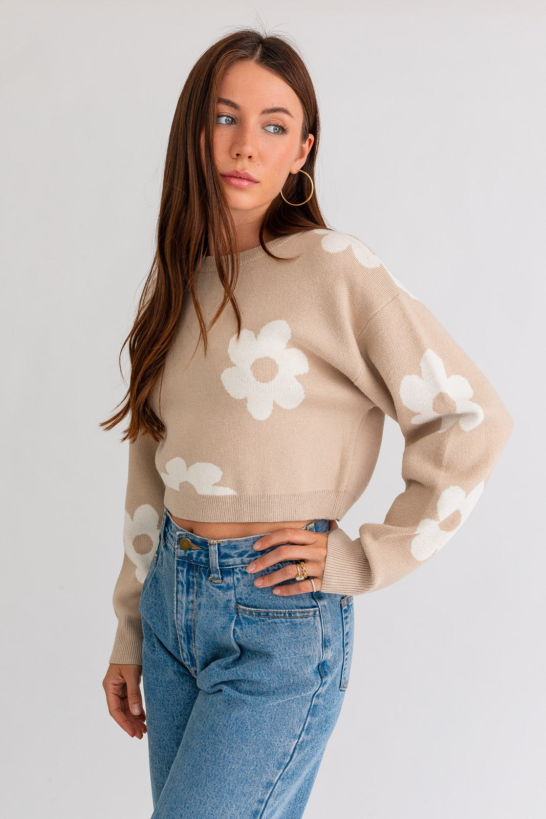 Long Sleeve Crop Sweater with Daisy Pattern Clothing LE LIS   