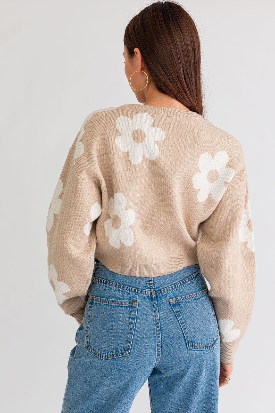 Long Sleeve Crop Sweater with Daisy Pattern Clothing LE LIS   