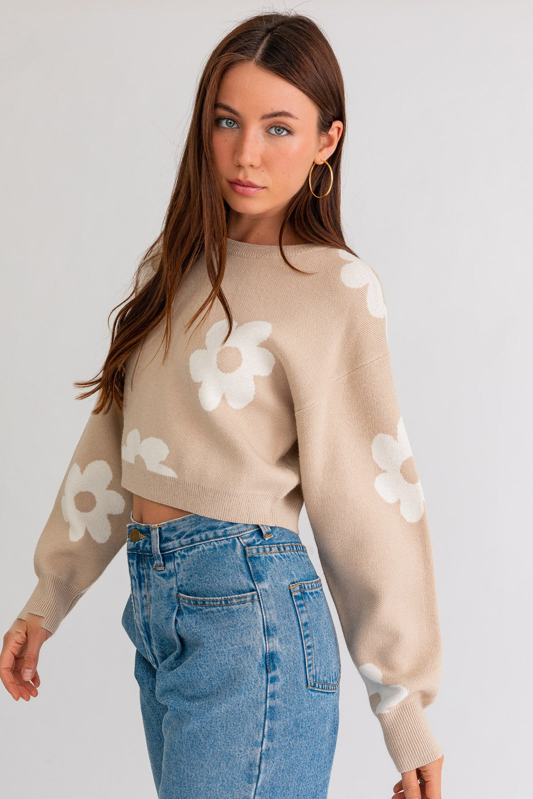 Long Sleeve Crop Sweater with Daisy Pattern Clothing LE LIS   