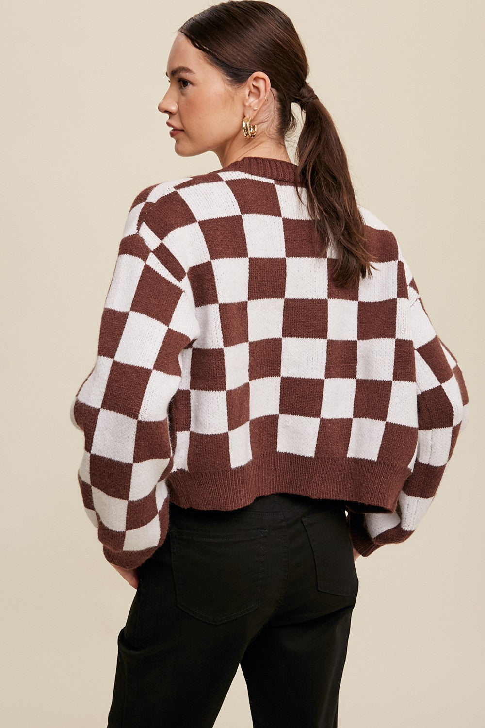 Bold Gingham Sweater Weaved Crop Cardigan Clothing Listicle Red Bean S 