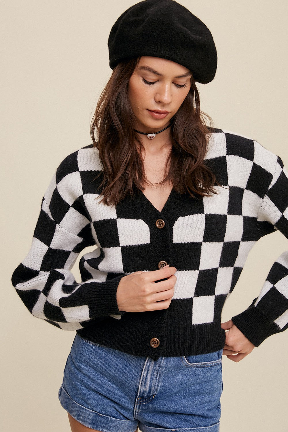 Bold Gingham Sweater Weaved Crop Cardigan Clothing Listicle Black L 