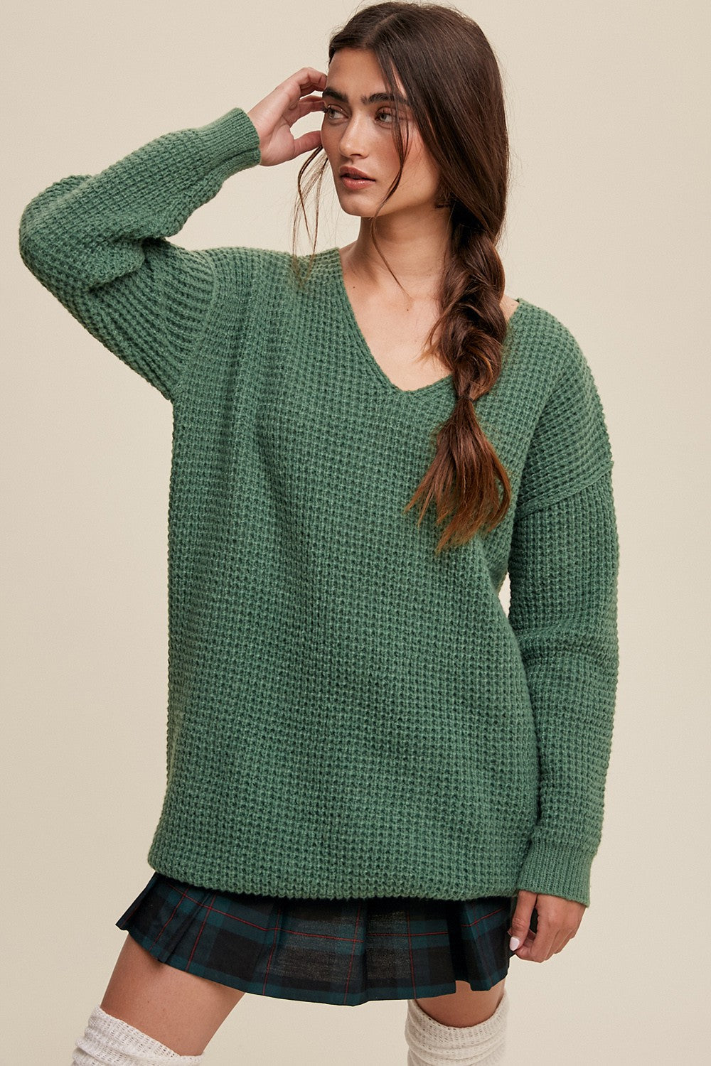 Slouchy V-neck Ribbed Knit Sweater Clothing Listicle Forest Green S 