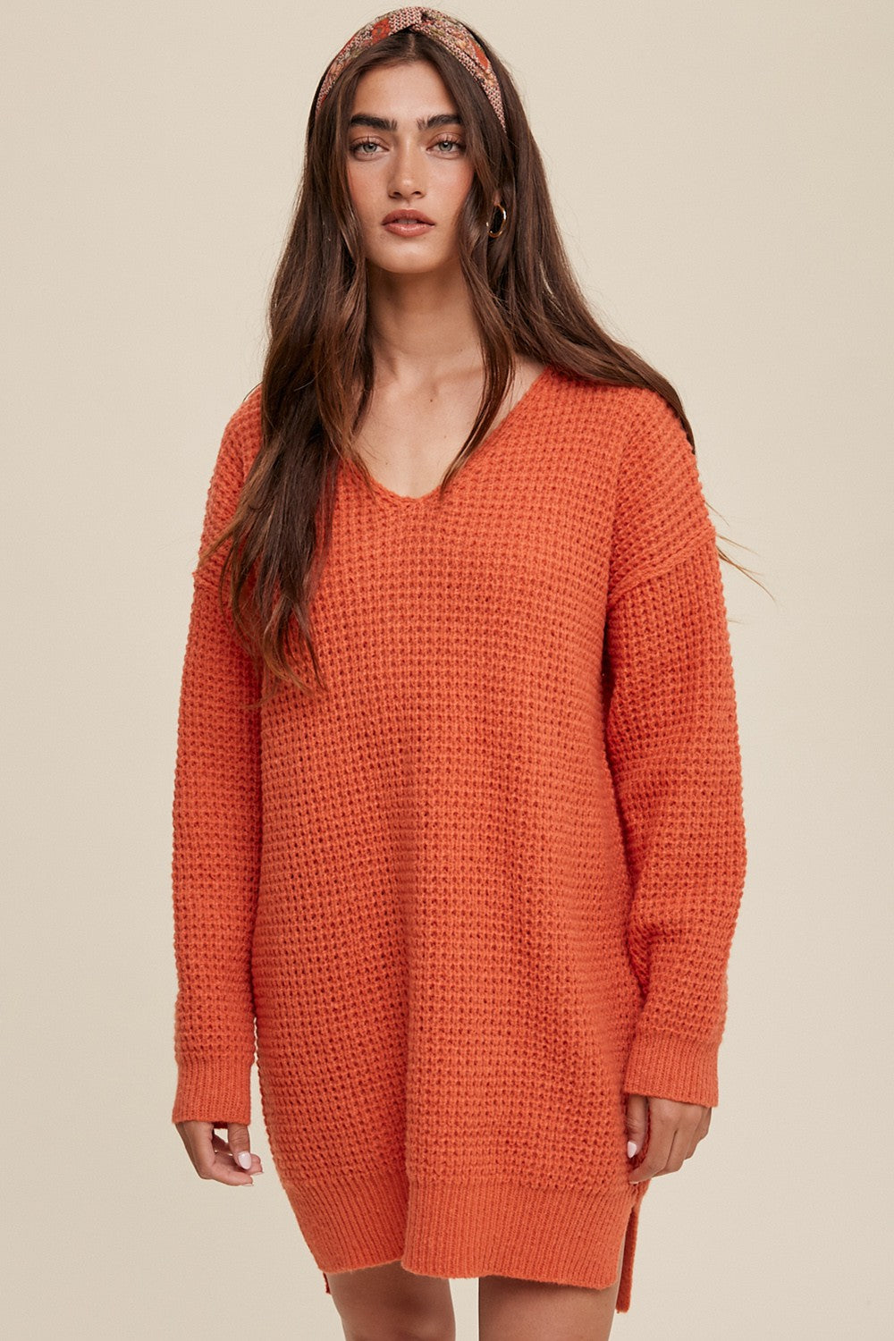 Slouchy V-neck Ribbed Knit Sweater Clothing Listicle Carrot S 