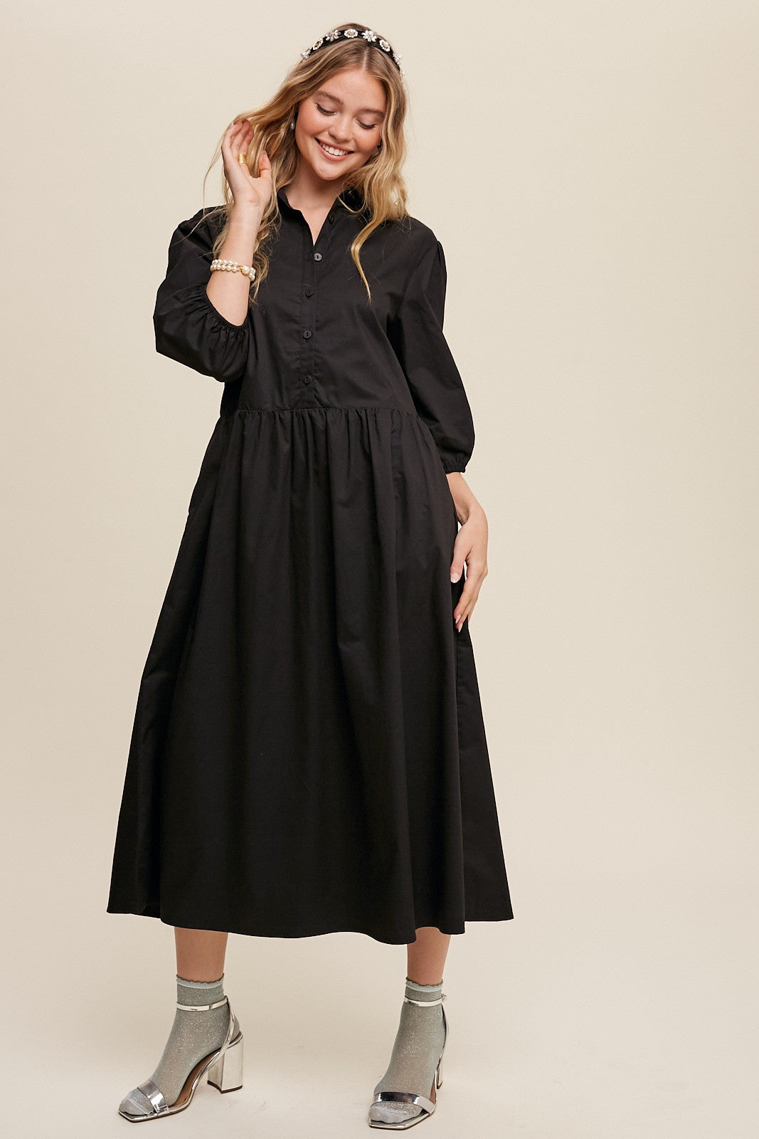 Button Front Puff Sleeve Babydoll Maxi Dress Clothing Listicle Black S 