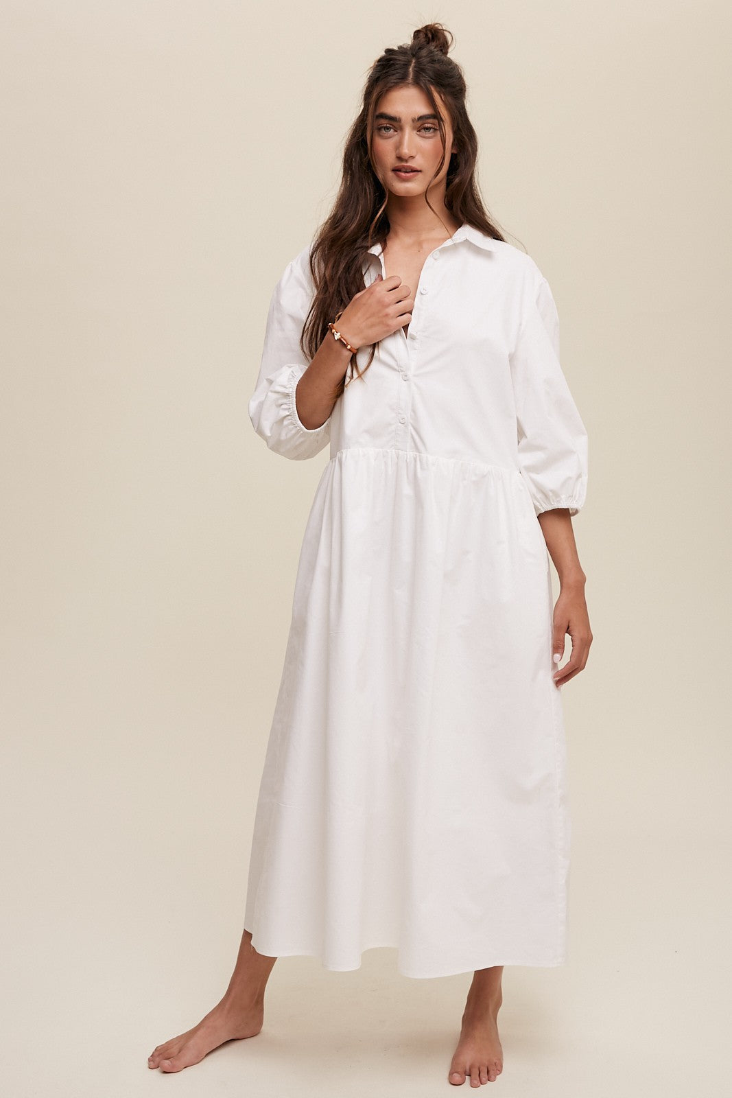 Button Front Puff Sleeve Babydoll Maxi Dress Clothing Listicle   