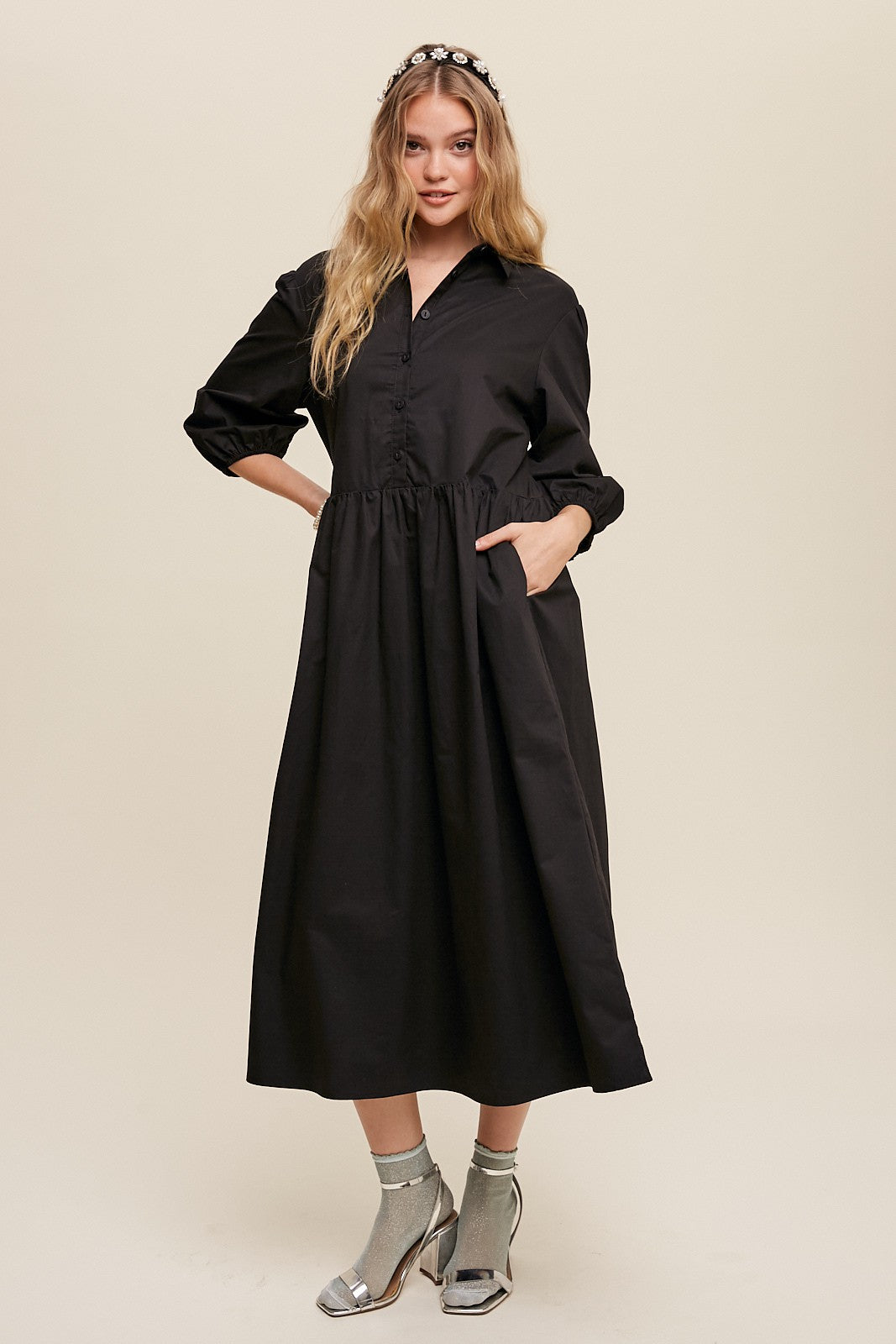 Button Front Puff Sleeve Babydoll Maxi Dress Clothing Listicle   