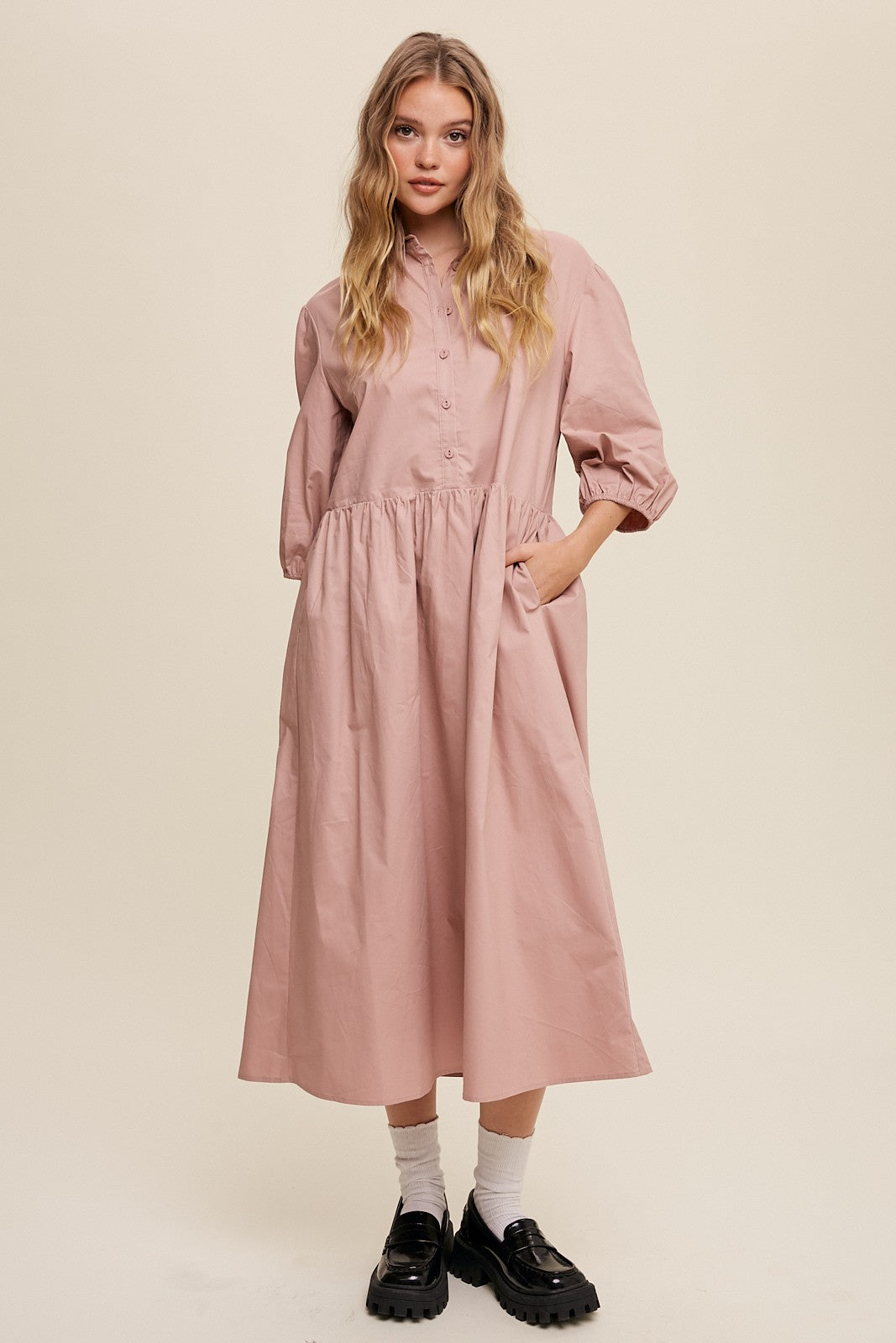 Button Front Puff Sleeve Babydoll Maxi Dress Clothing Listicle   