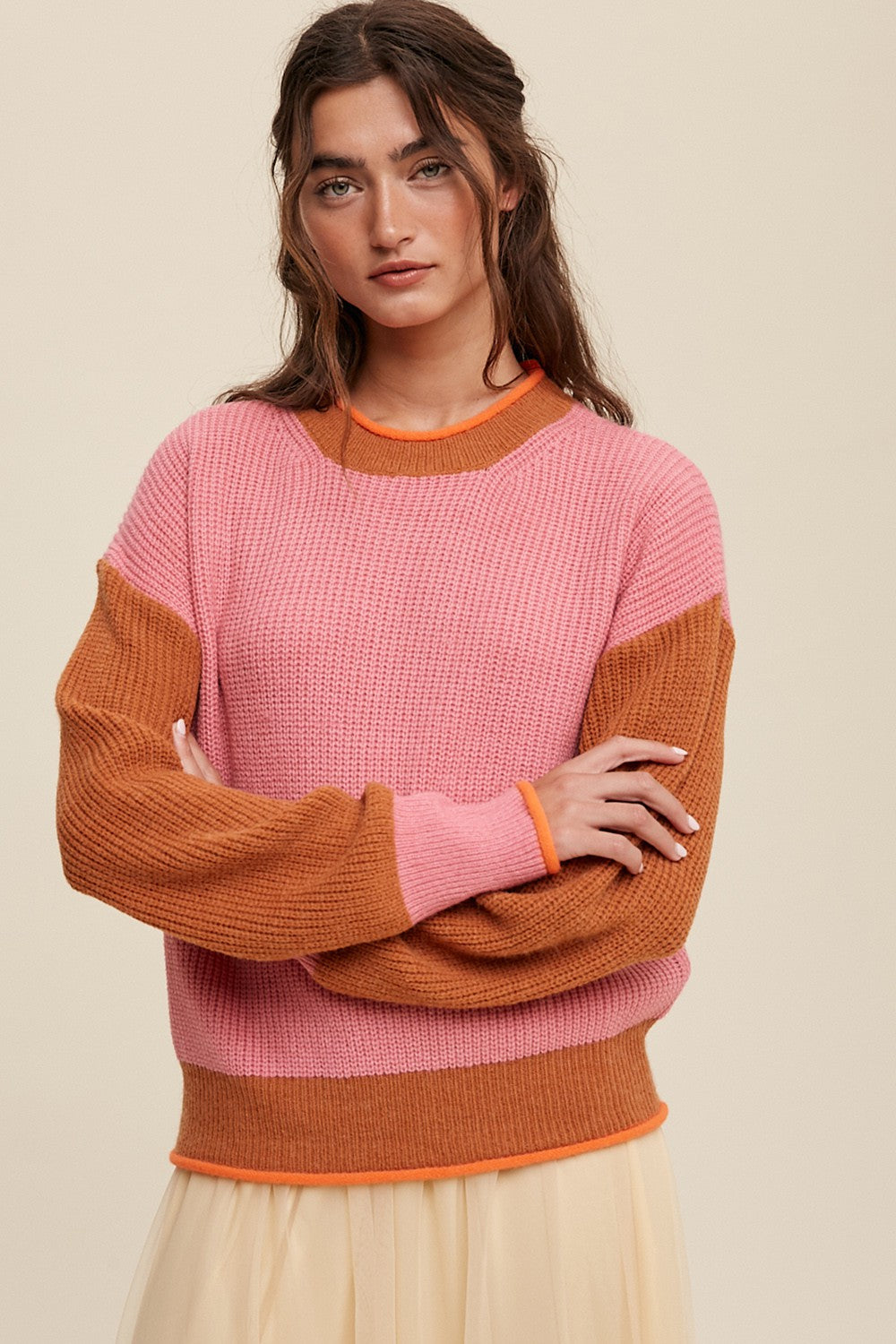 Pink Block Ribbed Knit Sweater Clothing Listicle Pink S 