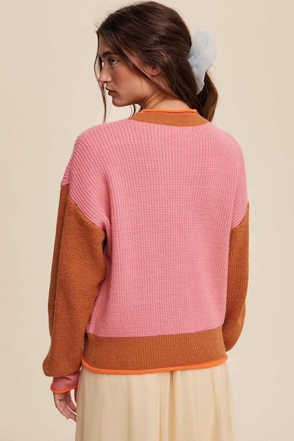 Pink Block Ribbed Knit Sweater Clothing Listicle   