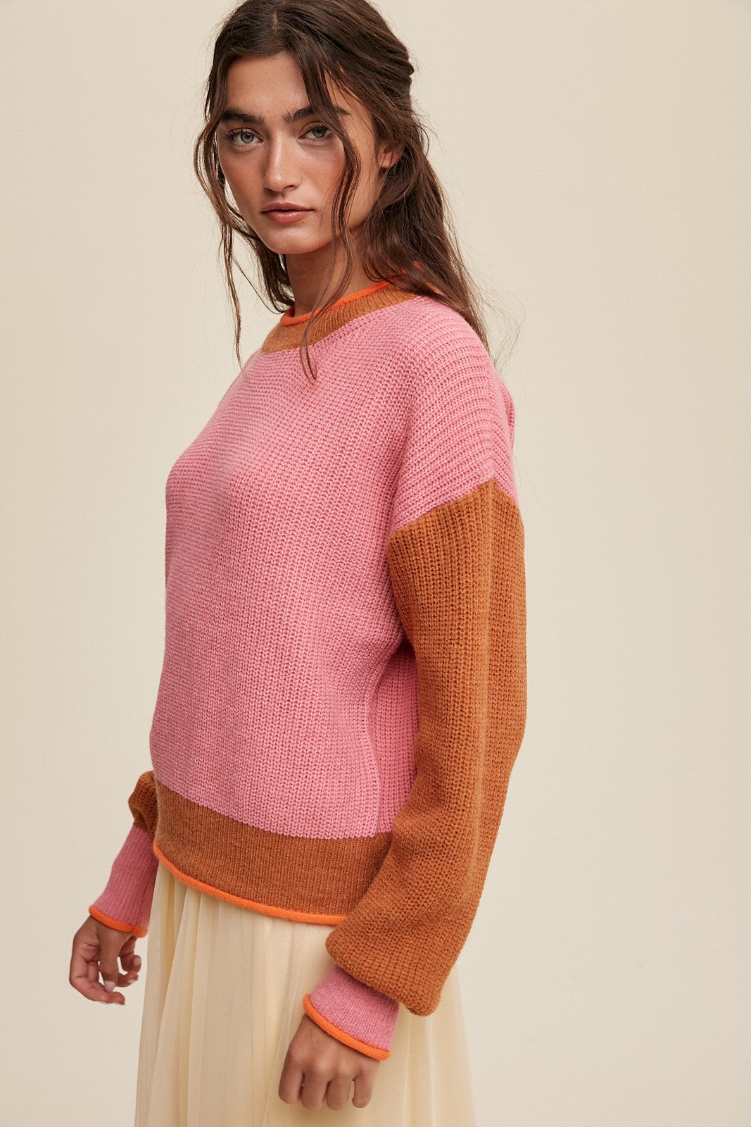 Pink Block Ribbed Knit Sweater Clothing Listicle   