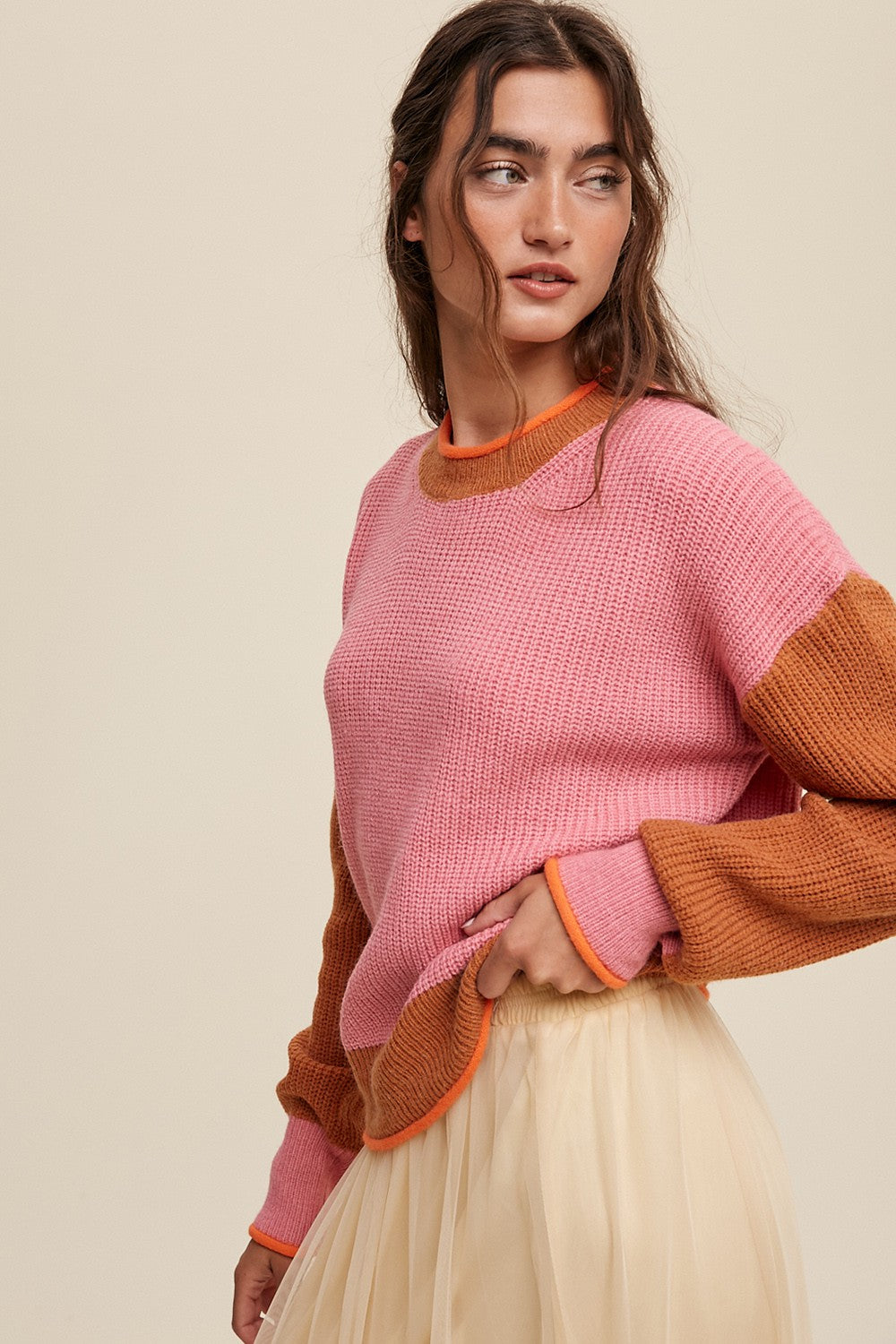 Pink Block Ribbed Knit Sweater Clothing Listicle   