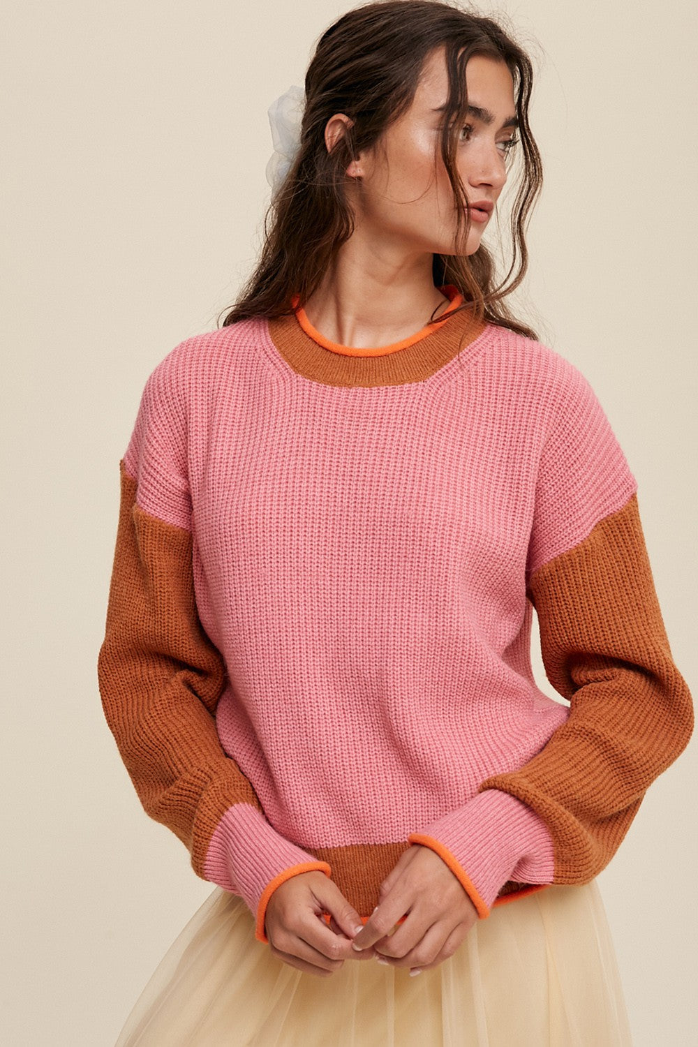 Pink Block Ribbed Knit Sweater Clothing Listicle   