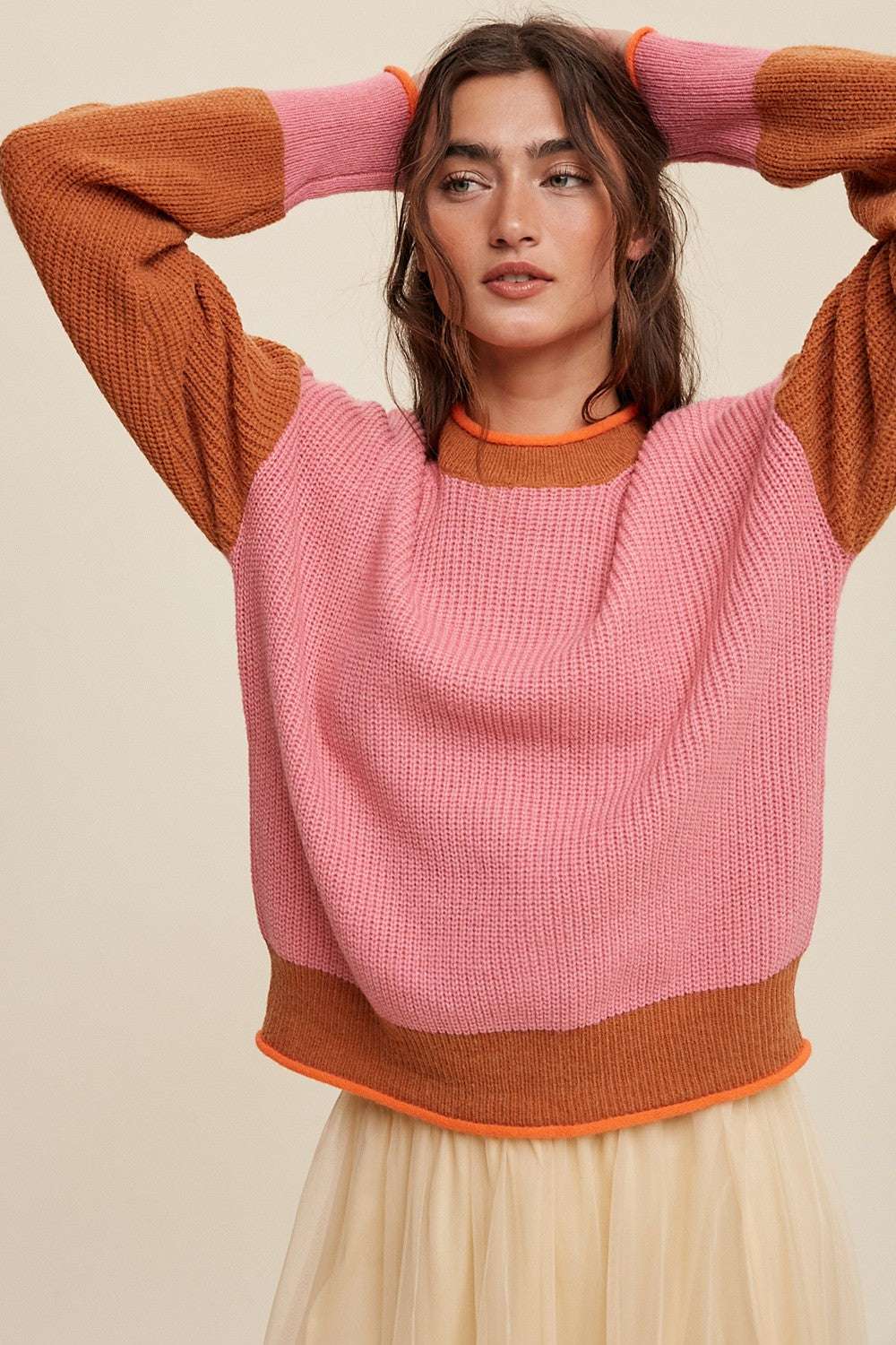 Pink Block Ribbed Knit Sweater Clothing Listicle   