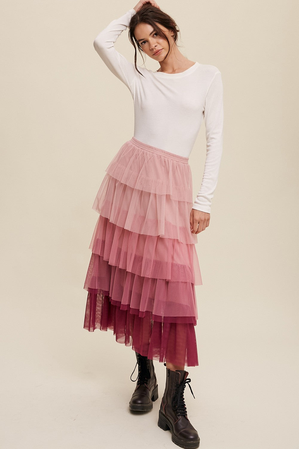 Magenta Tiered Mesh Maxi Skirt Clothing Listicle   