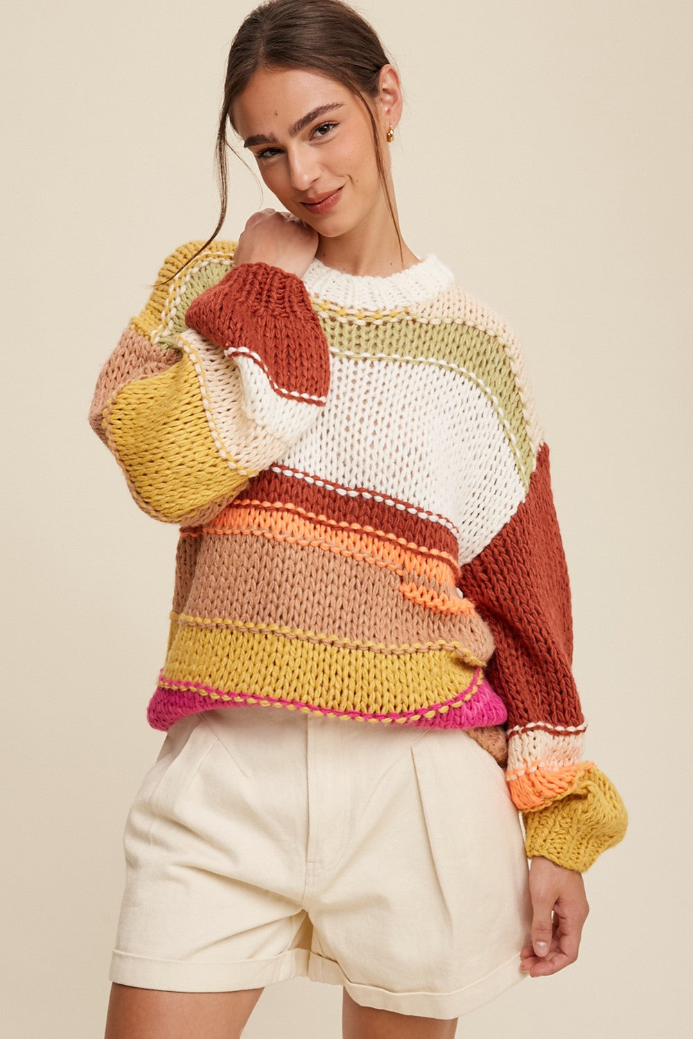 Open Mixed Knit Slouchy Hand Crochet Sweater Clothing Listicle Brick Multi S 