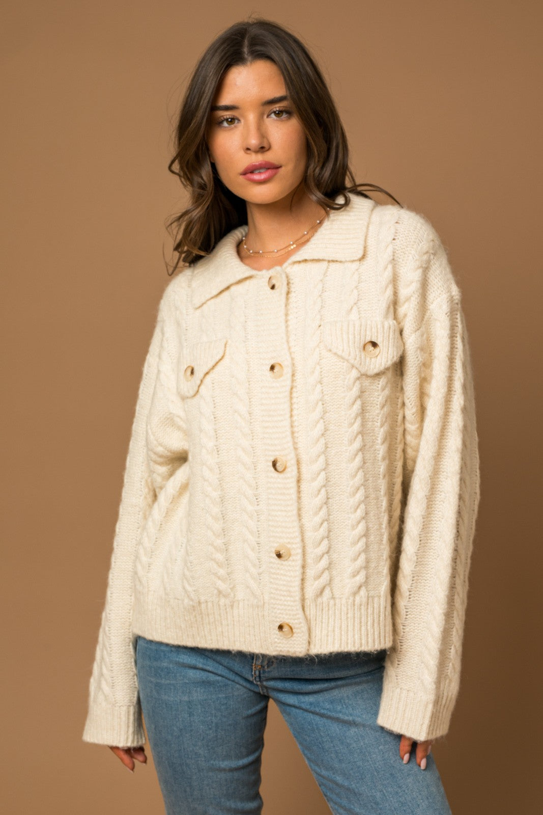 Collared Cable Sweater Cardigan Clothing Gilli   