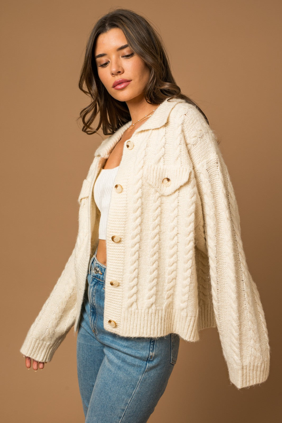 Collared Cable Sweater Cardigan Clothing Gilli   