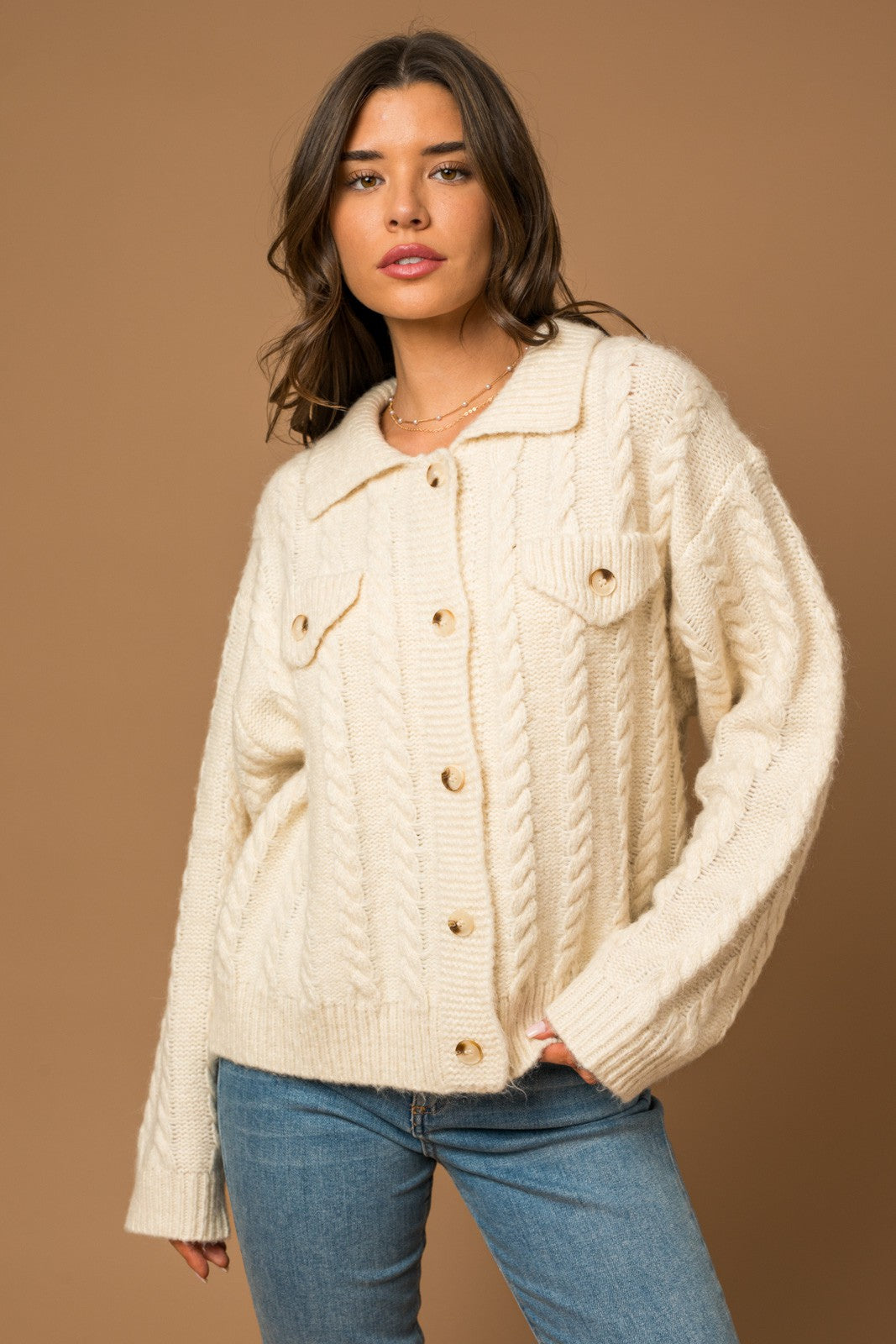 Collared Cable Sweater Cardigan Clothing Gilli   