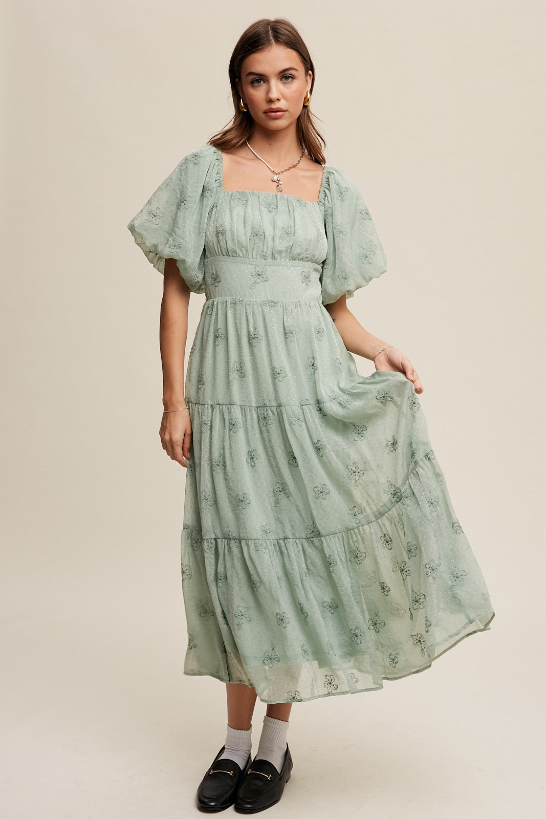 Flower Puff Sleeve Tiered Maxi Dress Clothing Listicle   