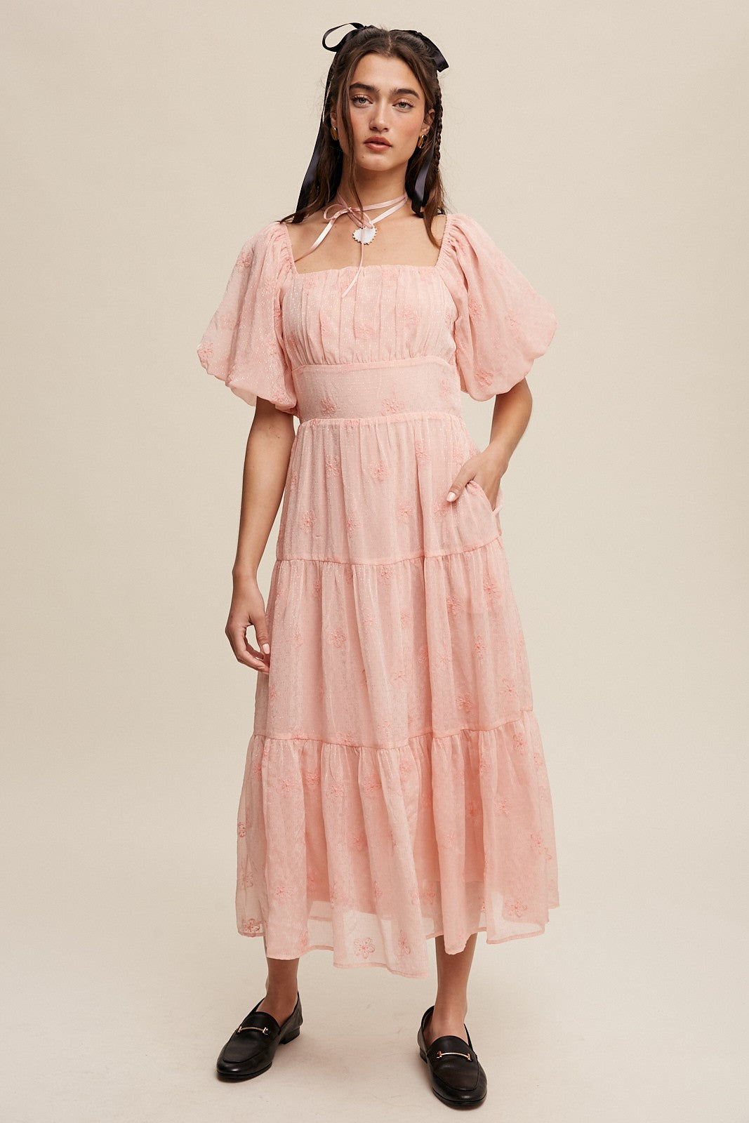 Flower Puff Sleeve Tiered Maxi Dress Clothing Listicle   