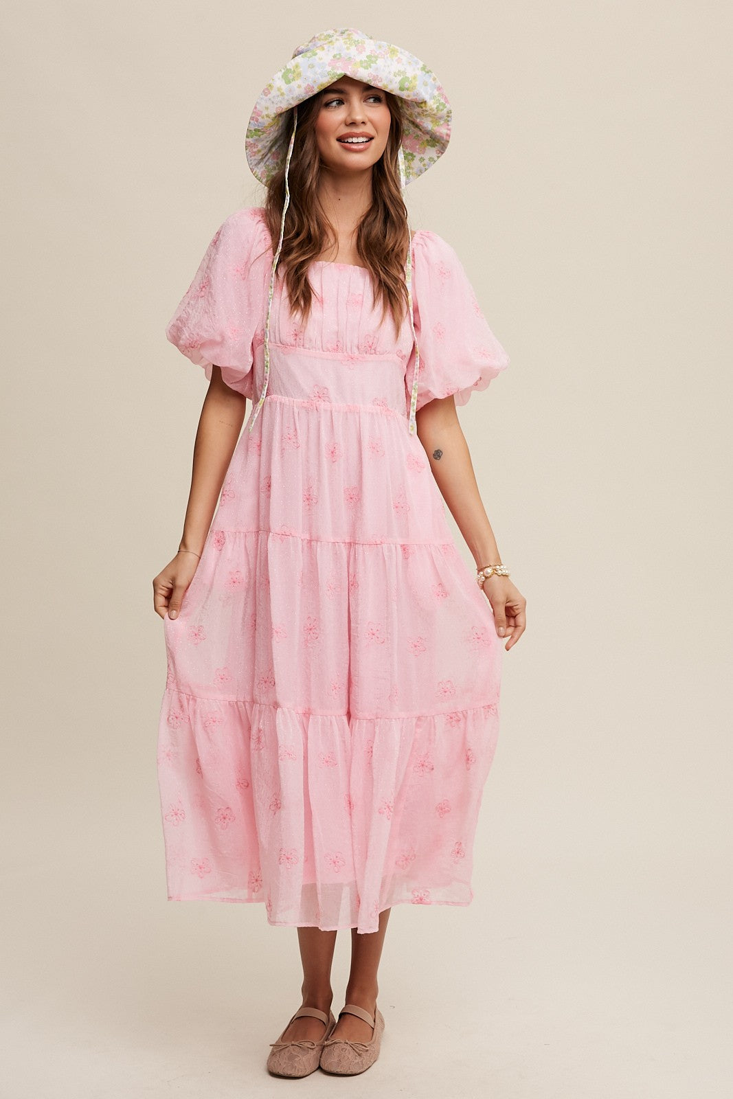 Flower Puff Sleeve Tiered Maxi Dress Clothing Listicle   