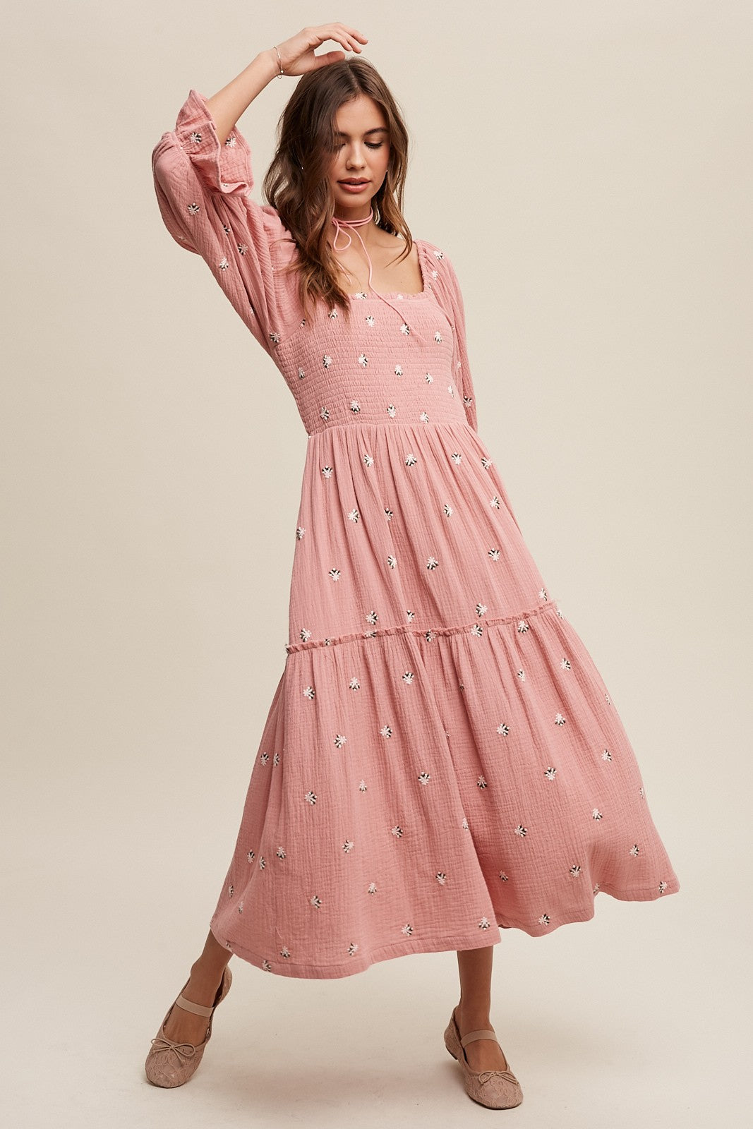 Floral Embroidery Puff Sleeve Maxi Dress Clothing Listicle   