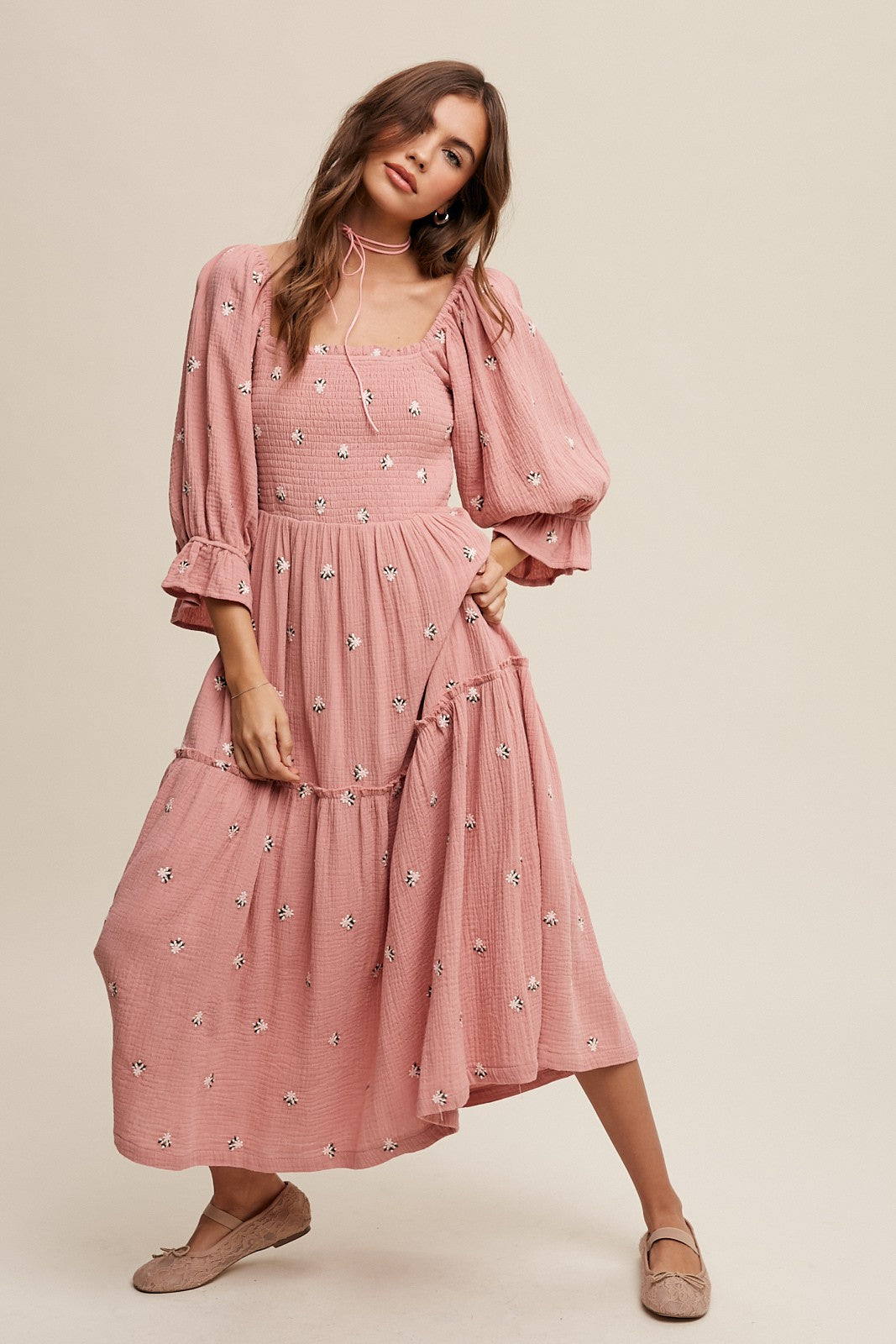 Floral Embroidery Puff Sleeve Maxi Dress Clothing Listicle   