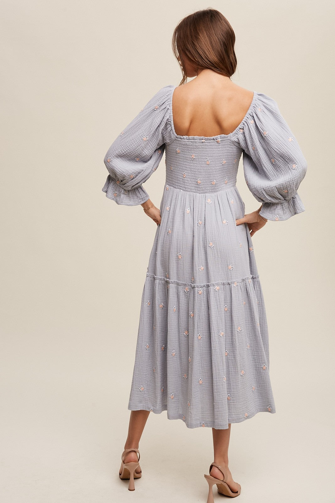 Floral Embroidery Puff Sleeve Maxi Dress Clothing Listicle   