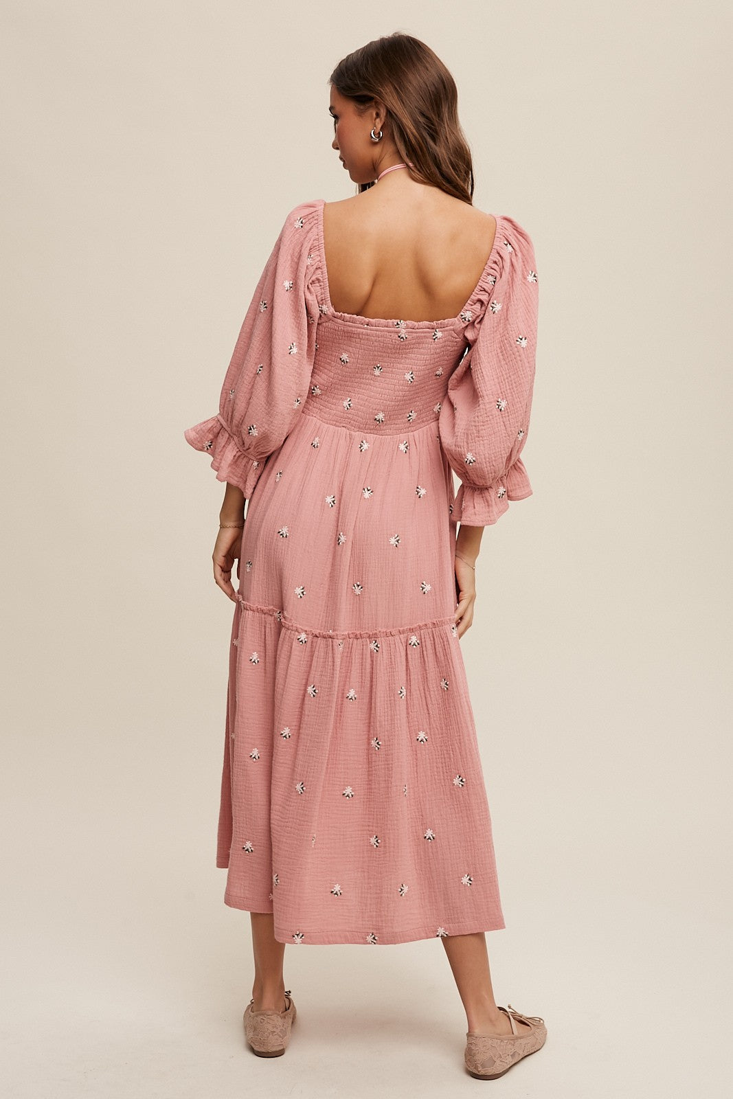 Floral Embroidery Puff Sleeve Maxi Dress Clothing Listicle   