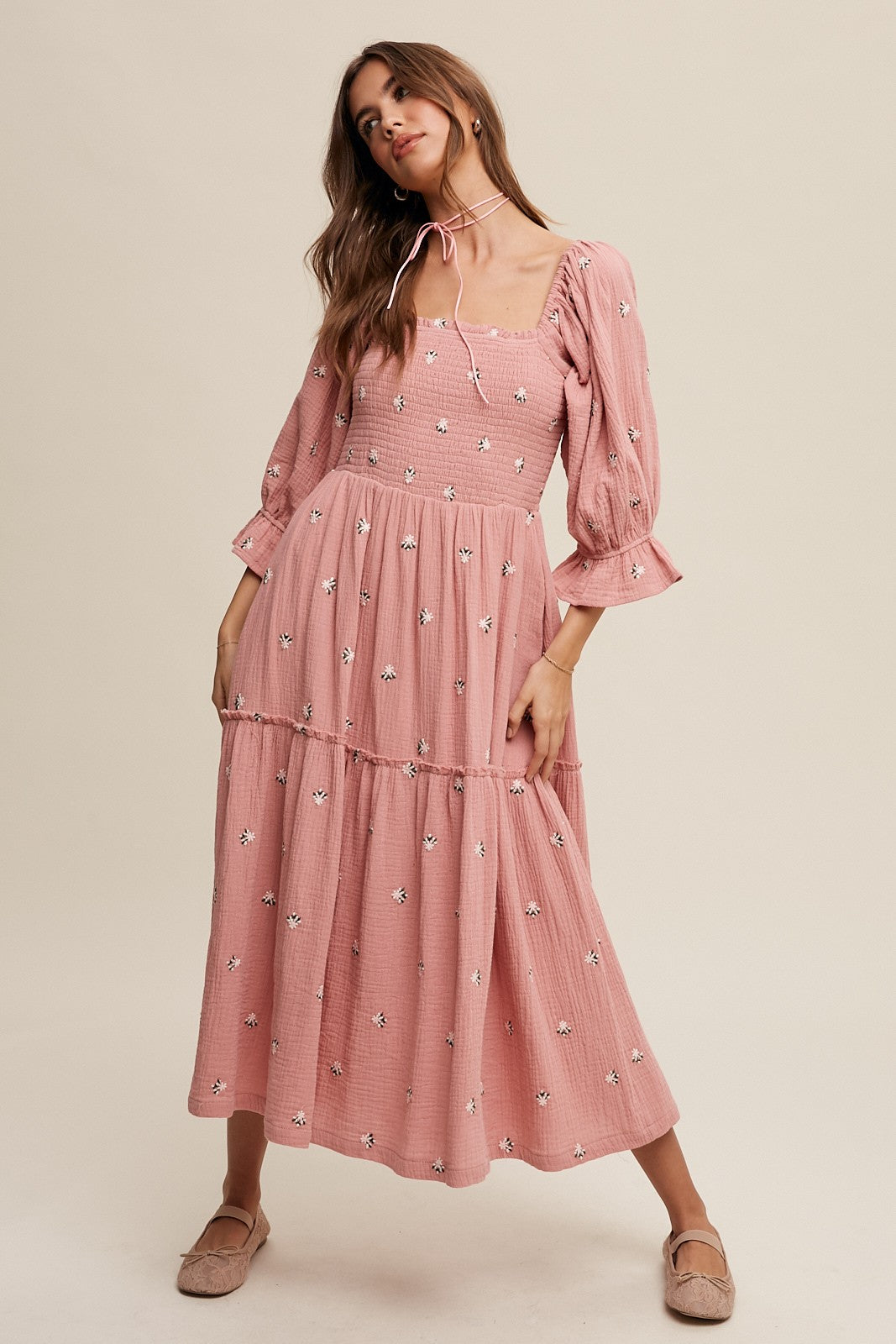 Floral Embroidery Puff Sleeve Maxi Dress Clothing Listicle   