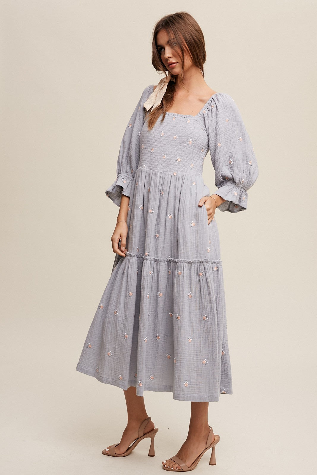 Floral Embroidery Puff Sleeve Maxi Dress Clothing Listicle   