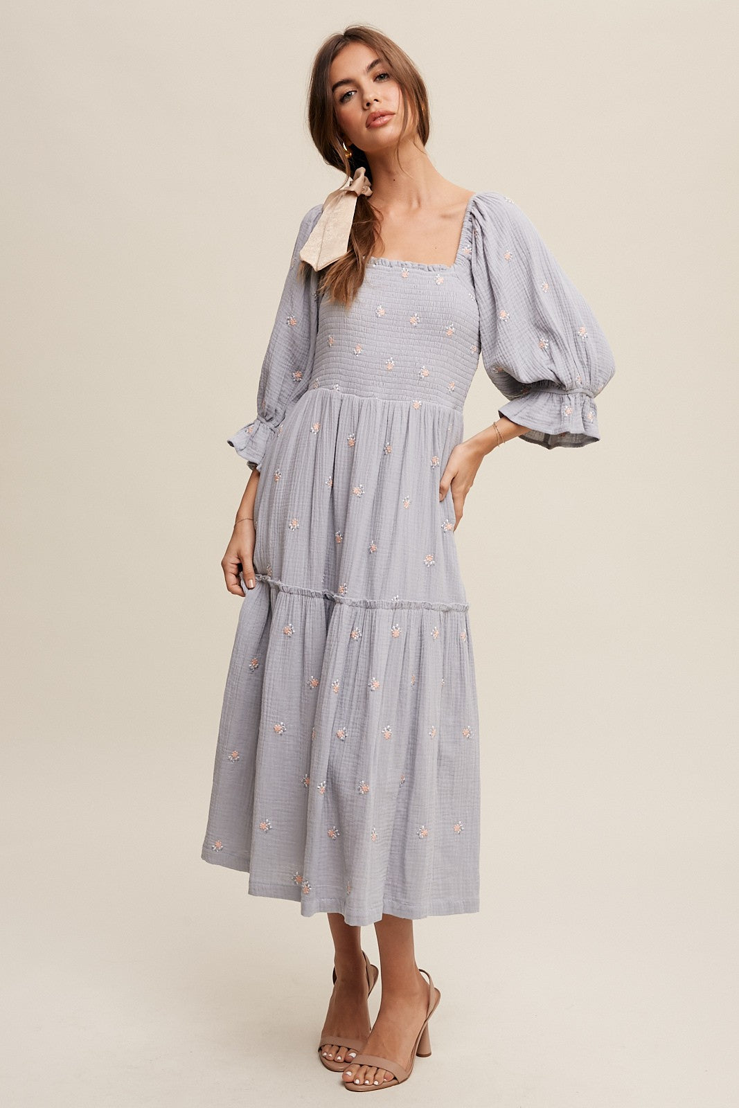 Floral Embroidery Puff Sleeve Maxi Dress Clothing Listicle   