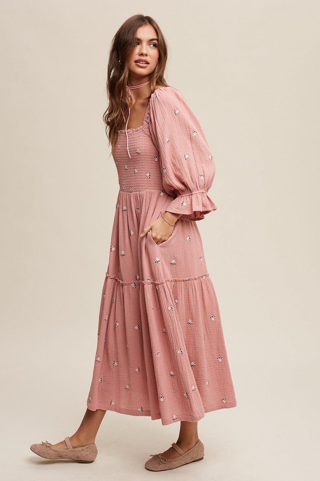 Floral Embroidery Puff Sleeve Maxi Dress Clothing Listicle Deep Rose S 