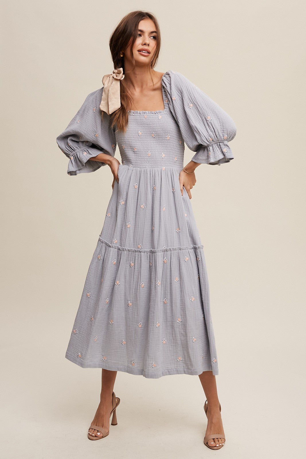 Floral Embroidery Puff Sleeve Maxi Dress Clothing Listicle   