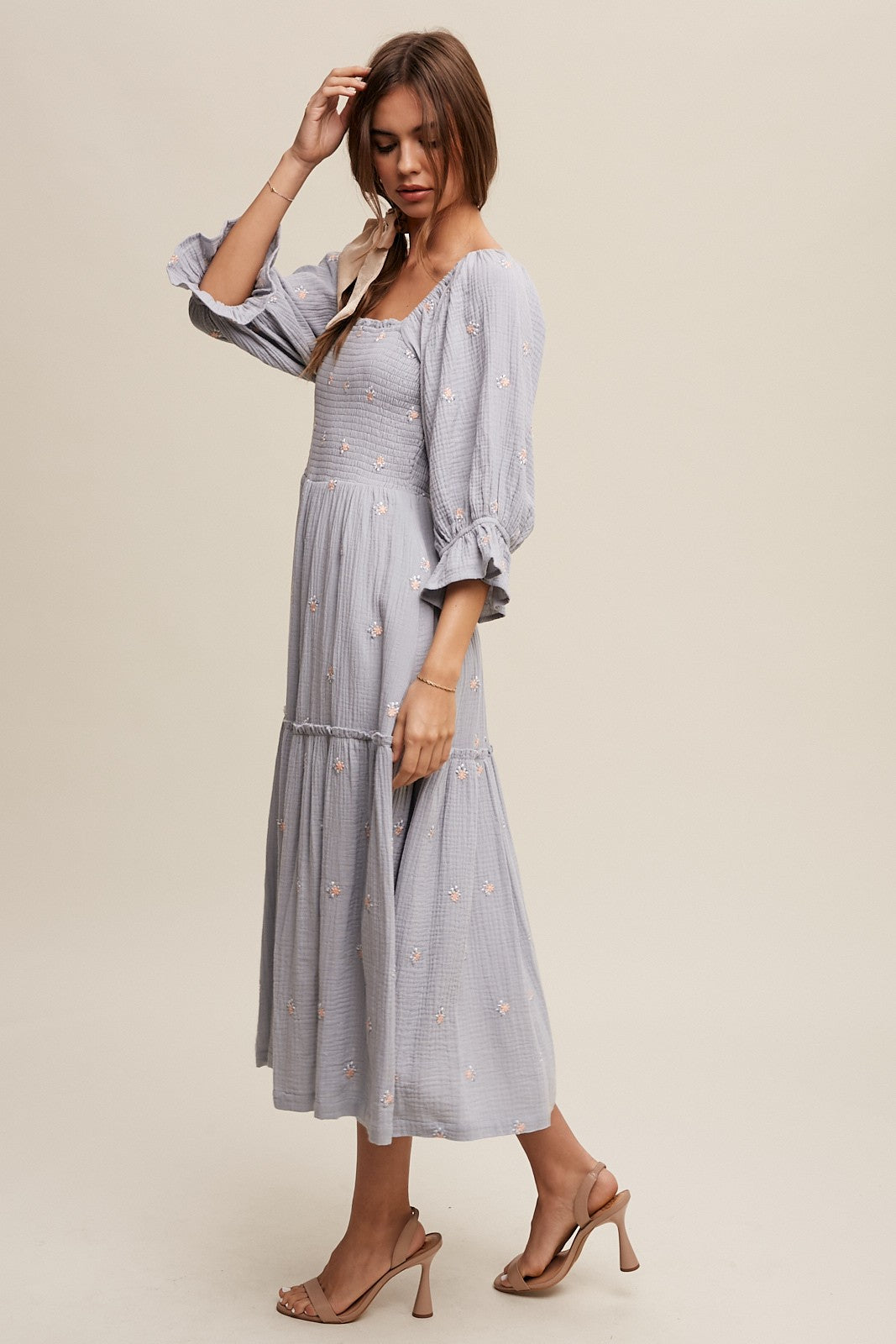 Floral Embroidery Puff Sleeve Maxi Dress Clothing Listicle Steel Blue S 