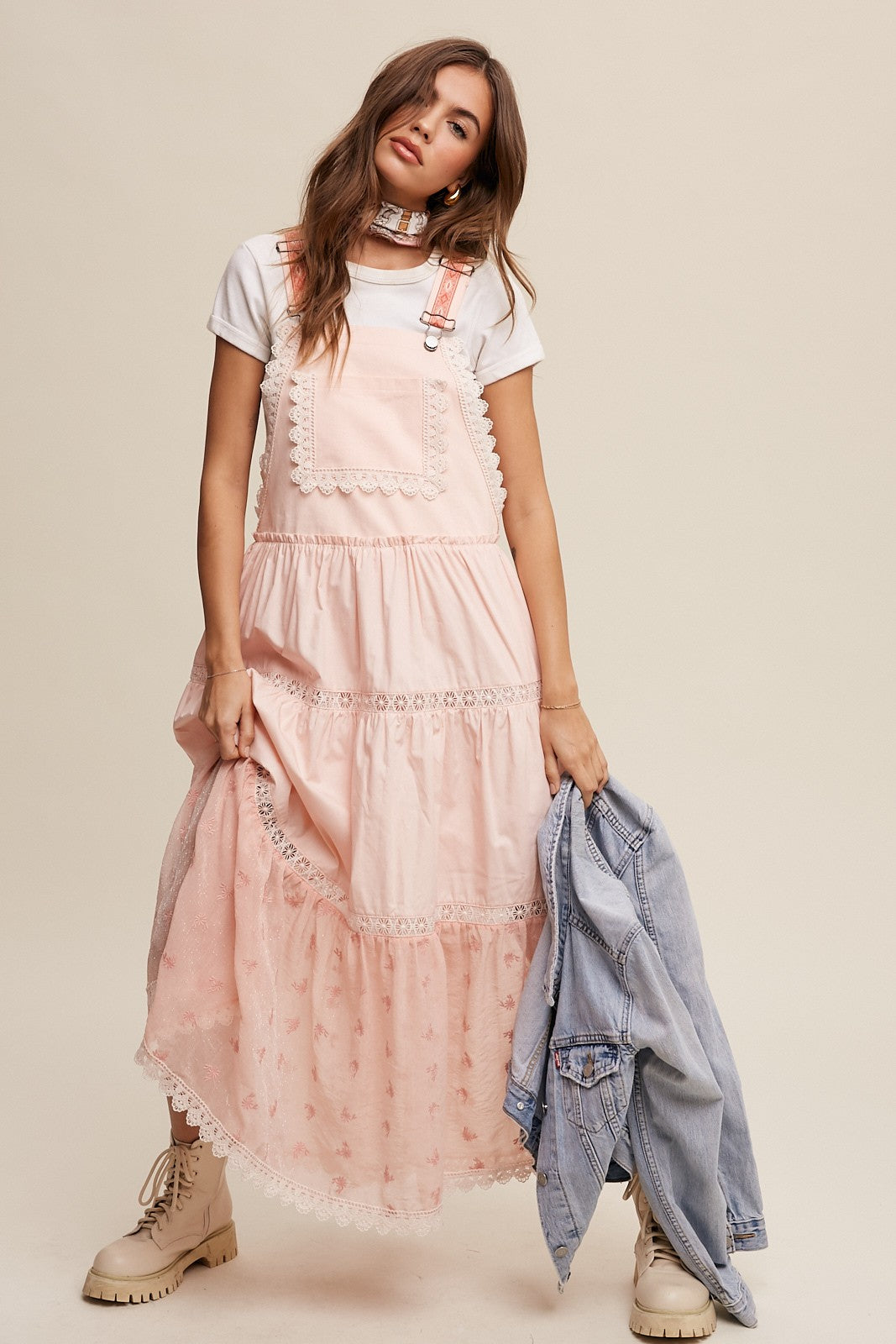 Romantic Lace Tiered Overall Maxi Dress Clothing Listicle   