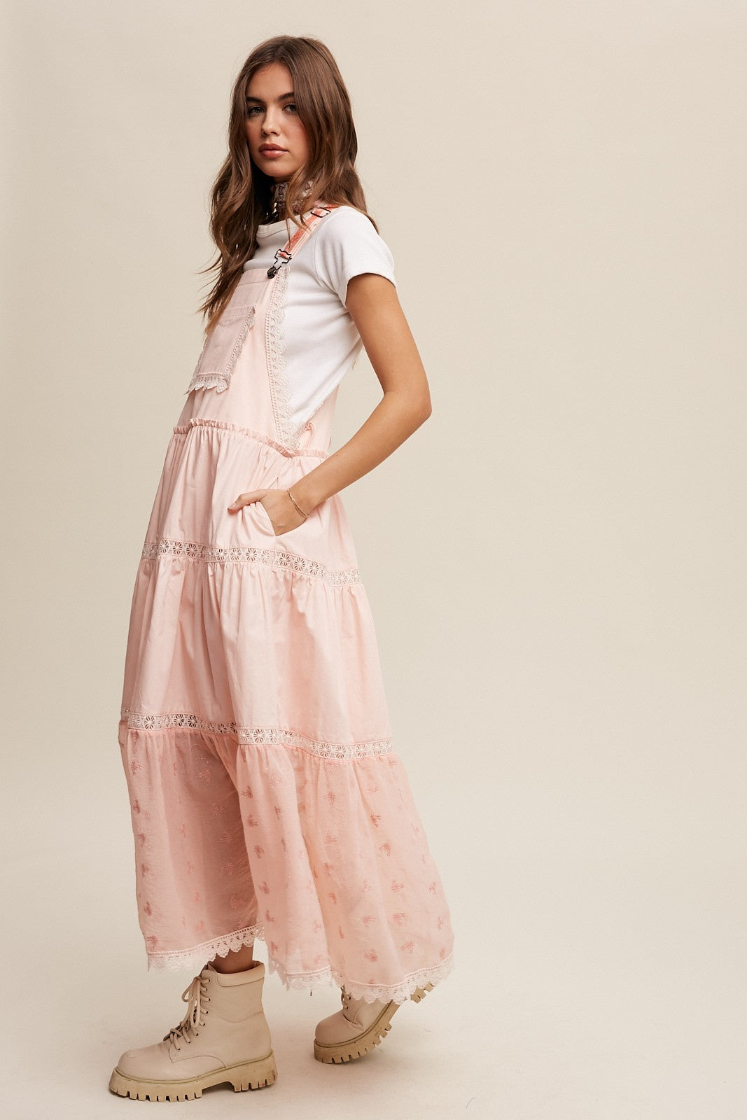 Romantic Lace Tiered Overall Maxi Dress Clothing Listicle Peach Amber S 