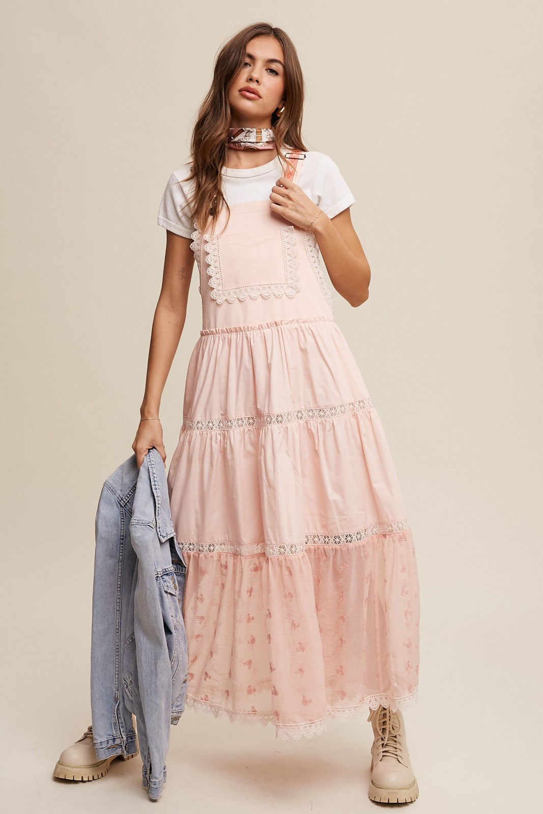 Romantic Lace Tiered Overall Maxi Dress Clothing Listicle   