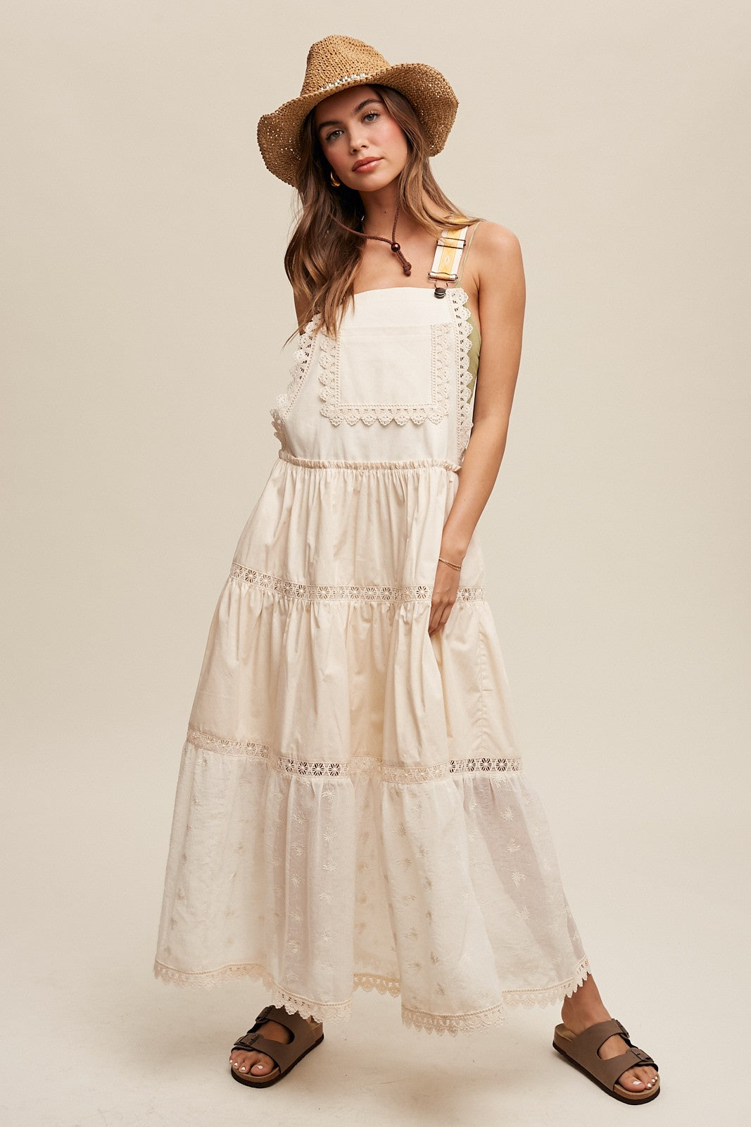 Romantic Lace Tiered Overall Maxi Dress Clothing Listicle   