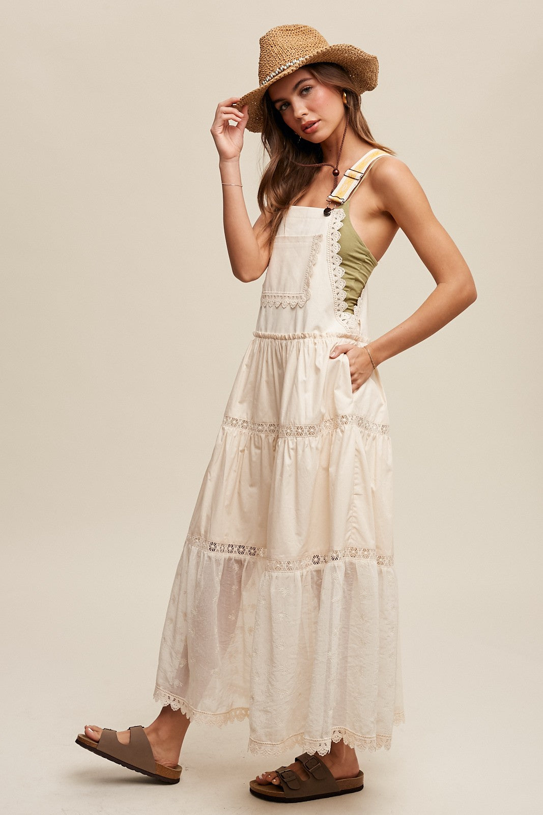 Romantic Lace Tiered Overall Maxi Dress Clothing Listicle Champagne S 